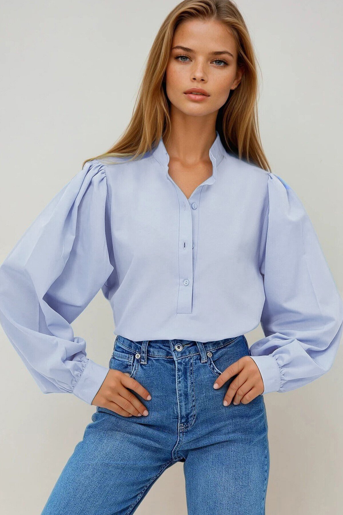 Lila Hakim Yaka Önü Düğmeli Balon Kol Poplin Dokuma Gömlek