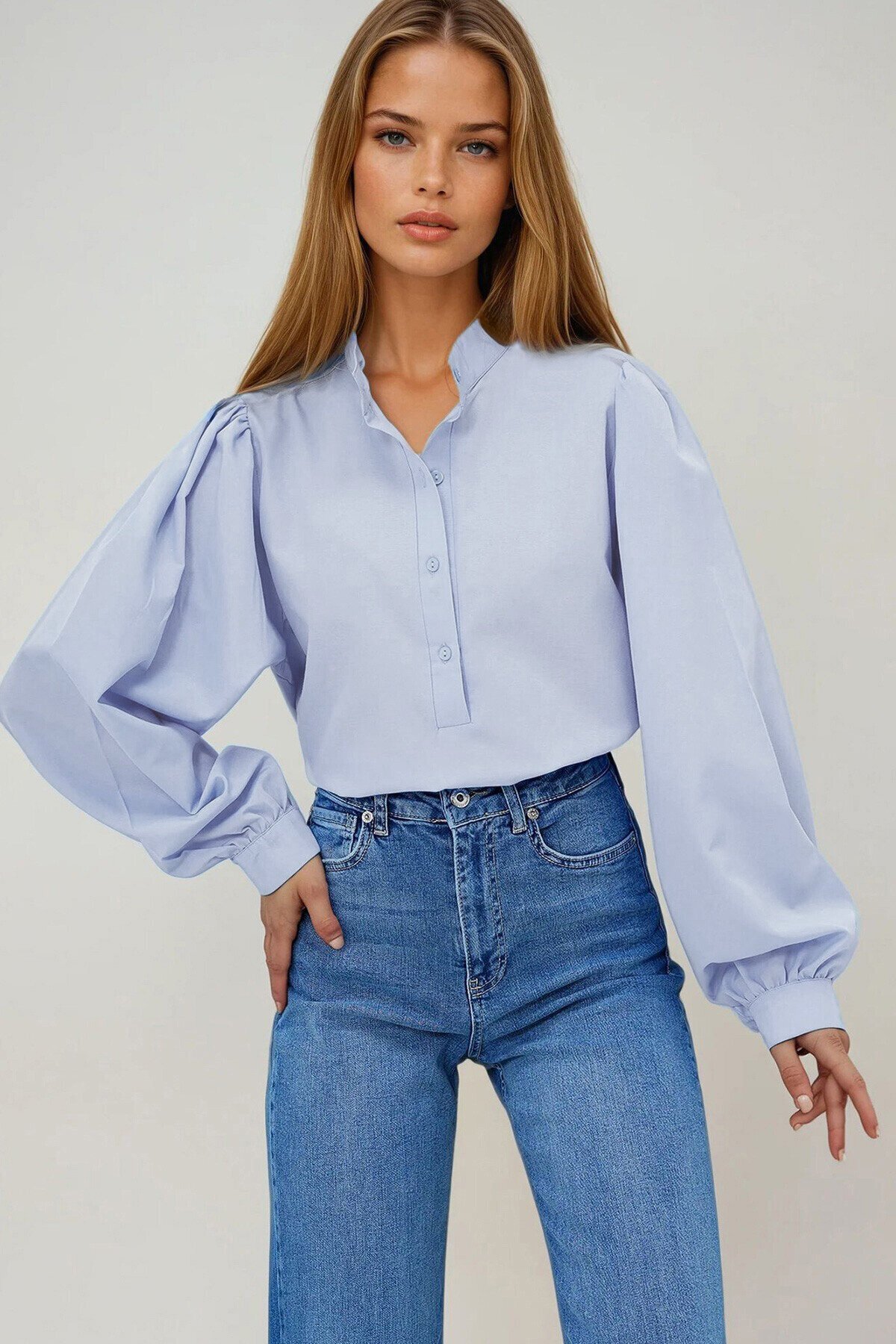 Lila Hakim Yaka Önü Düğmeli Balon Kol Poplin Dokuma Gömlek