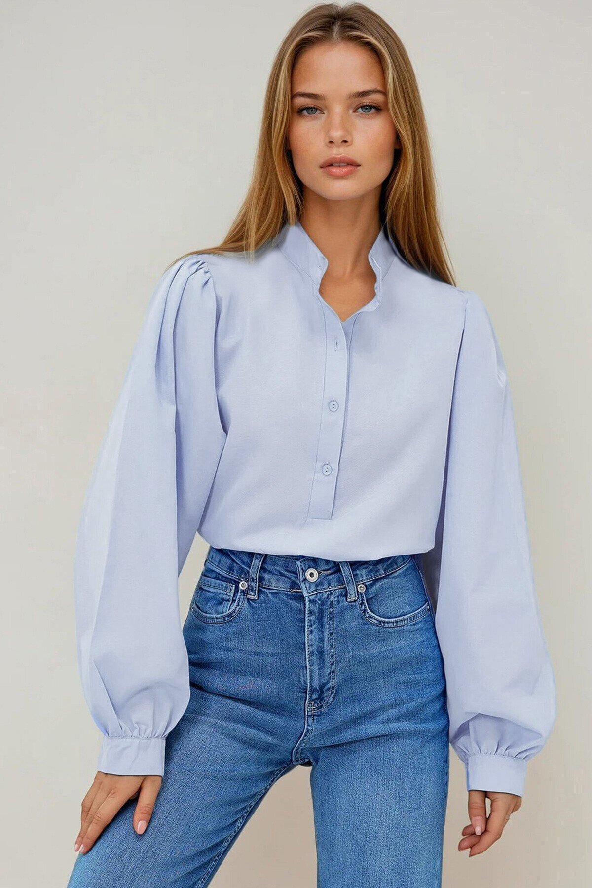 Lila Hakim Yaka Önü Düğmeli Balon Kol Poplin Dokuma Gömlek