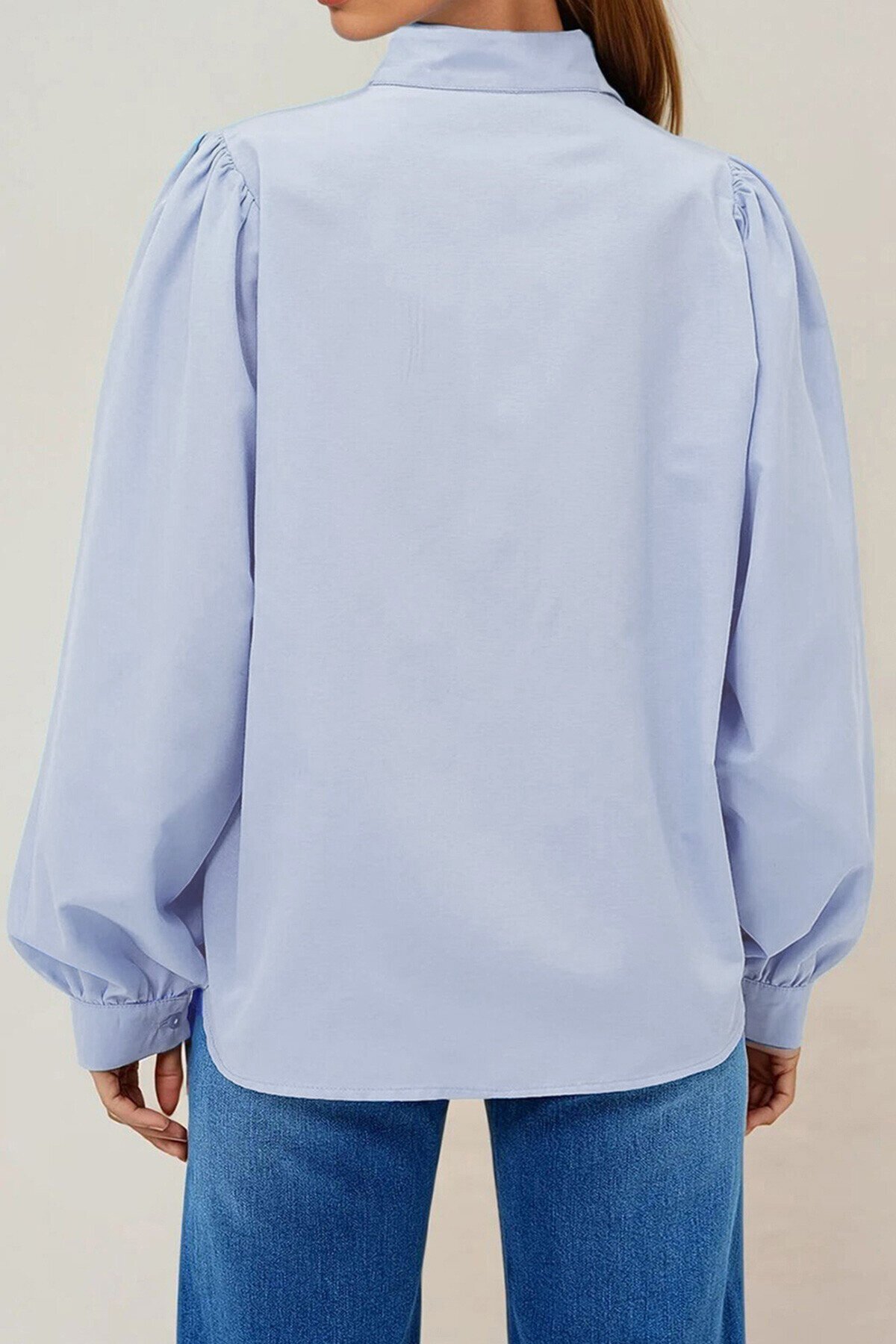 Lila Hakim Yaka Önü Düğmeli Balon Kol Poplin Dokuma Gömlek