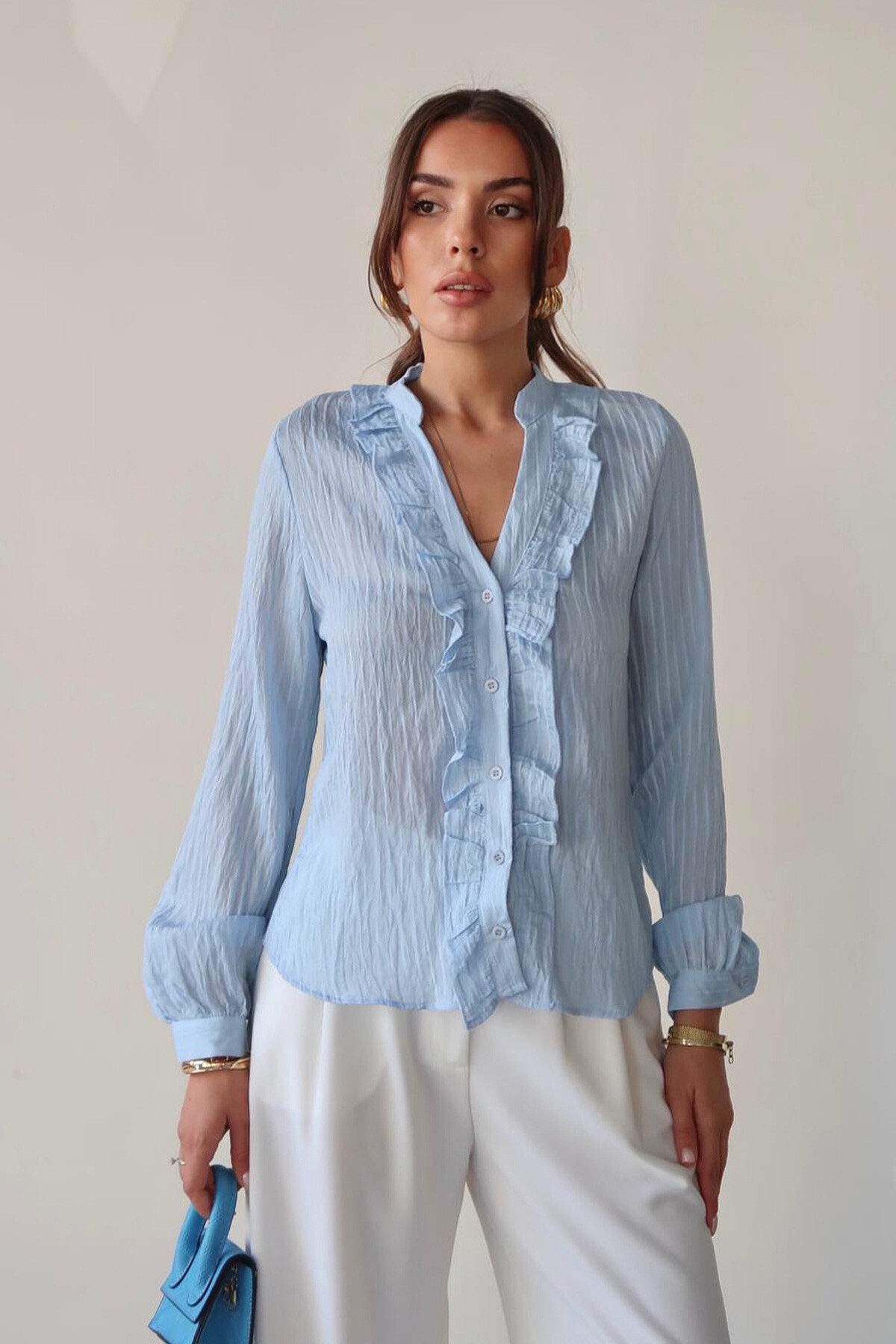 Mavi Hakim Yaka Önü Fırfırlı Gömlek