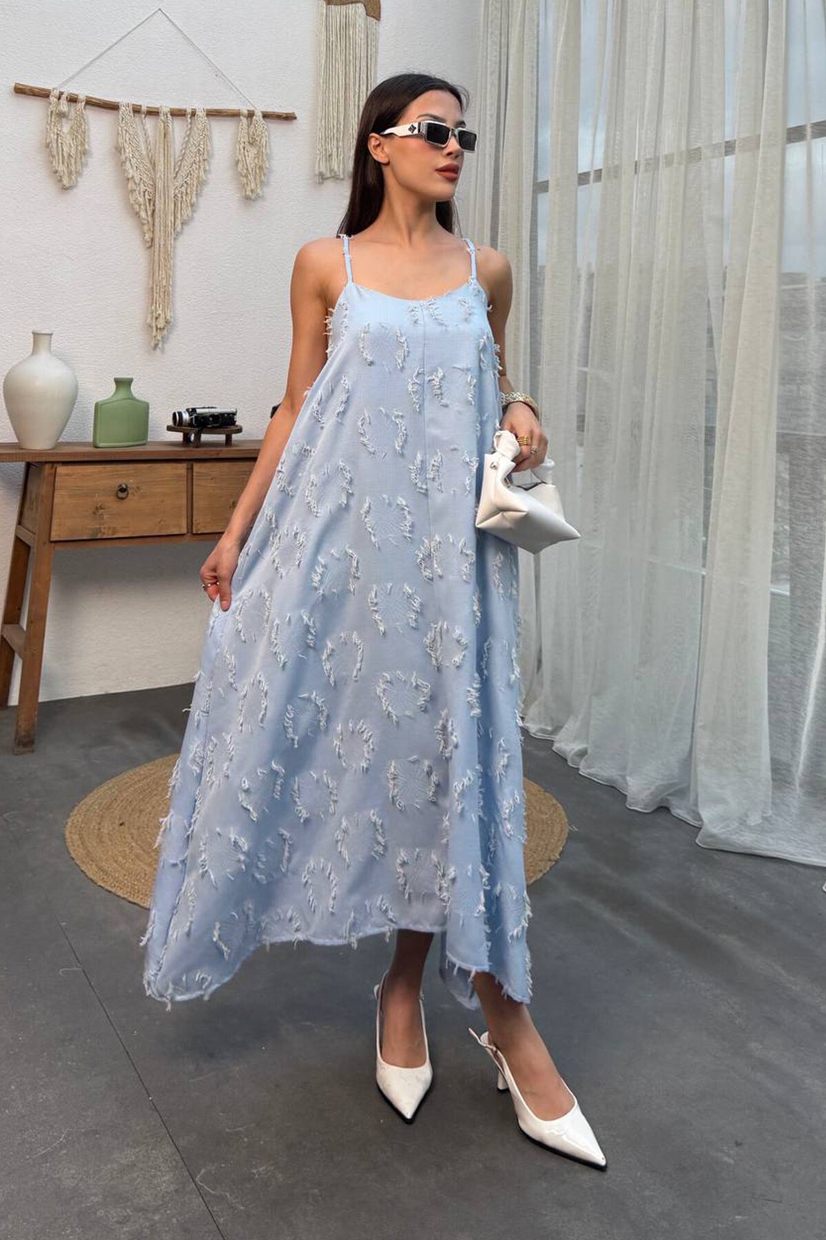 Bebe Mavi İnce Askılı Dokulu A Kesim Salaş Elbise