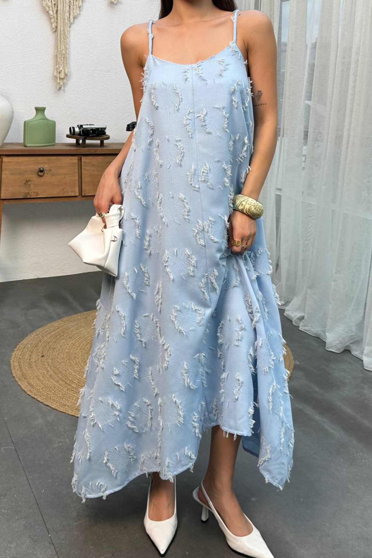 Bebe Mavi İnce Askılı Dokulu A Kesim Salaş Elbise