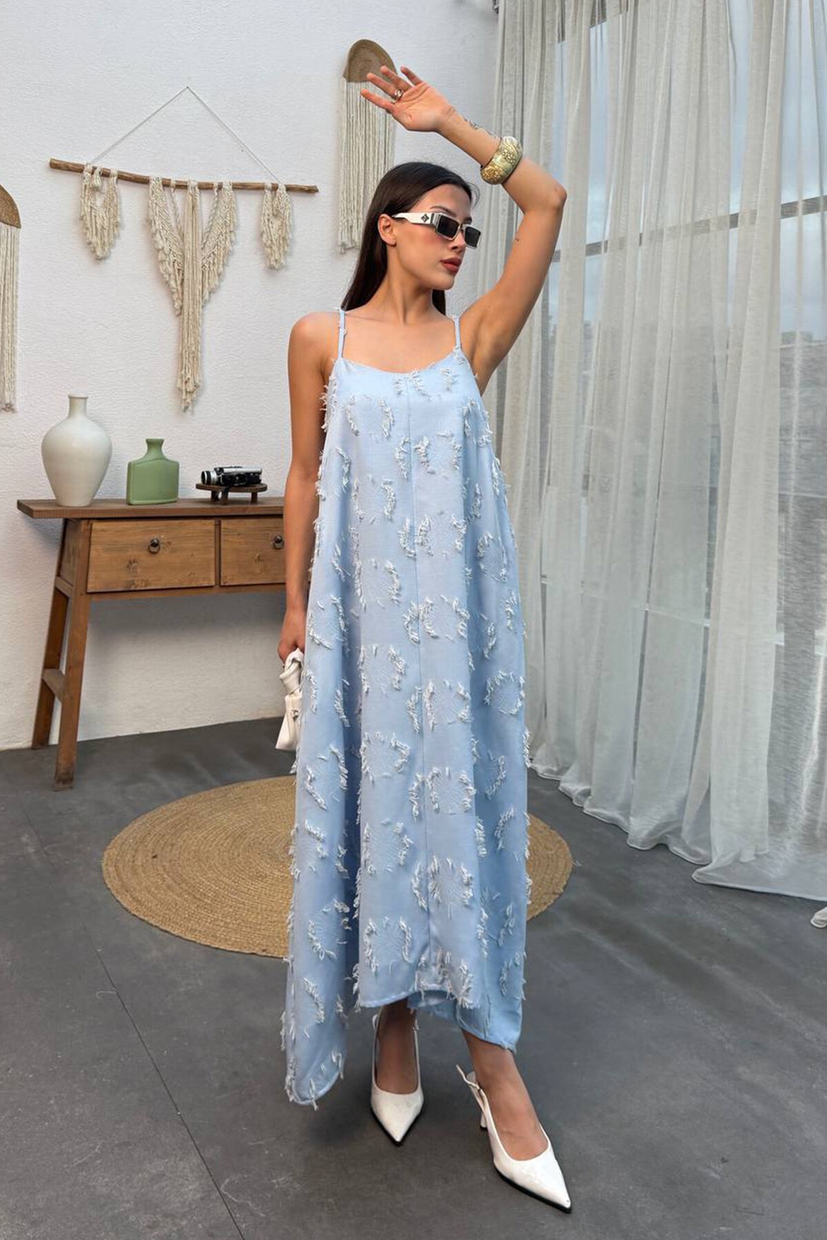 Bebe Mavi İnce Askılı Dokulu A Kesim Salaş Elbise