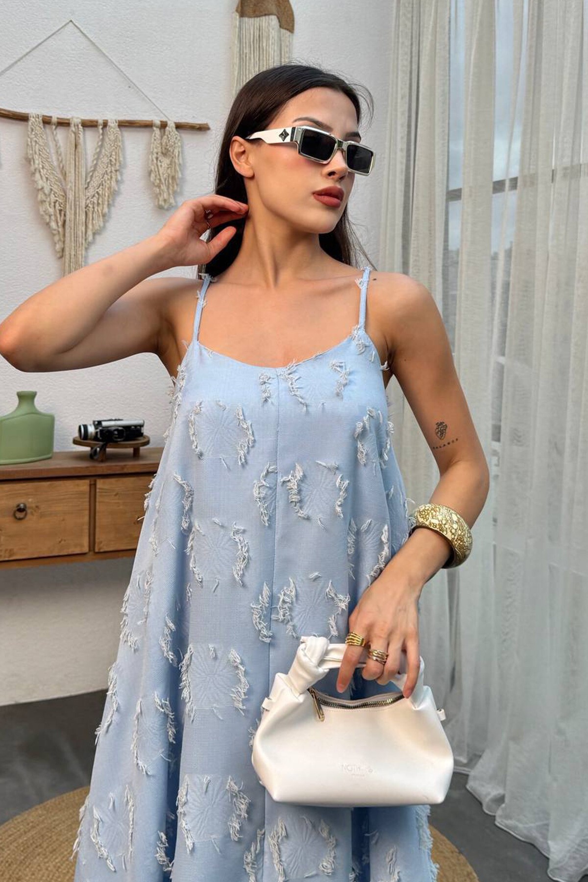 Bebe Mavi İnce Askılı Dokulu A Kesim Salaş Elbise