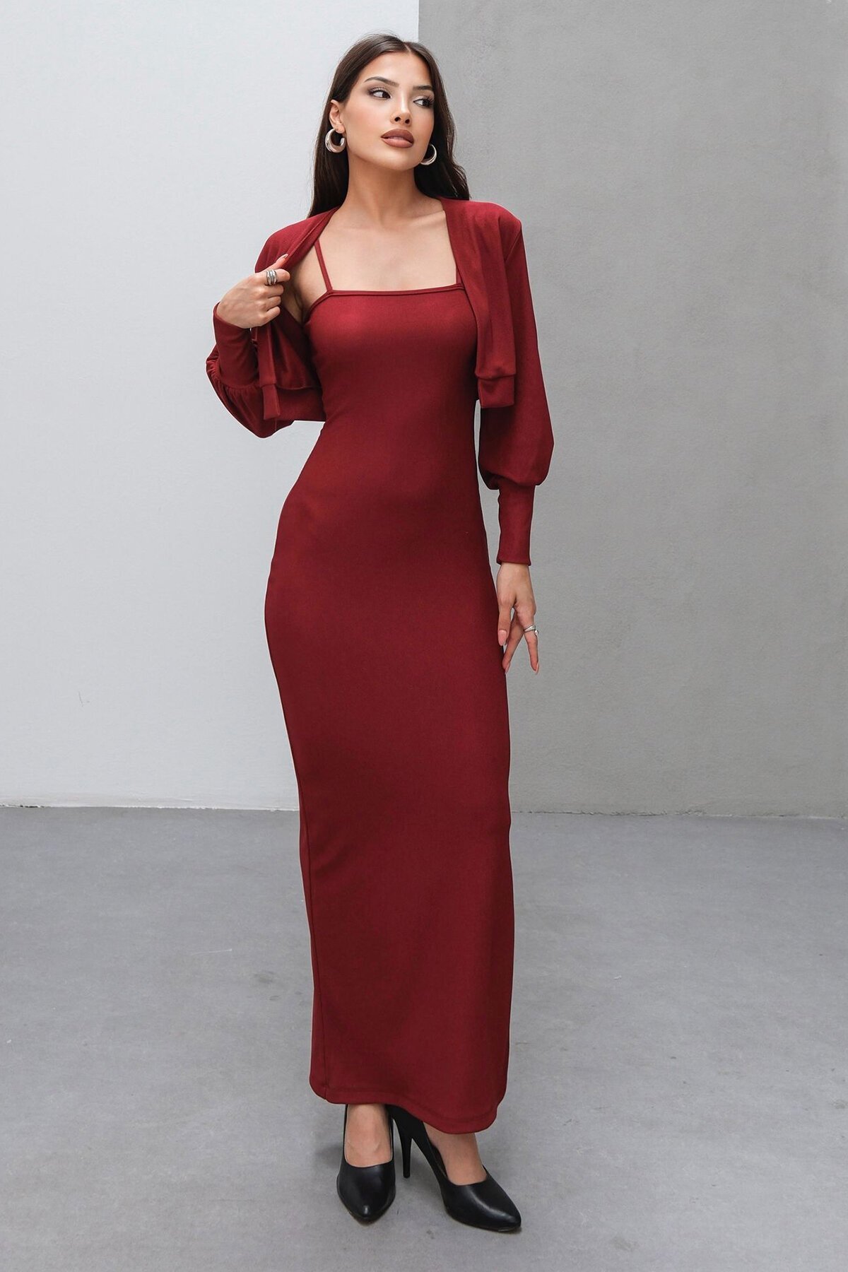 Bordo İnce Askılı Yırtmaç Detaylı Uzun Elbise Ve Hırka İkili Takım