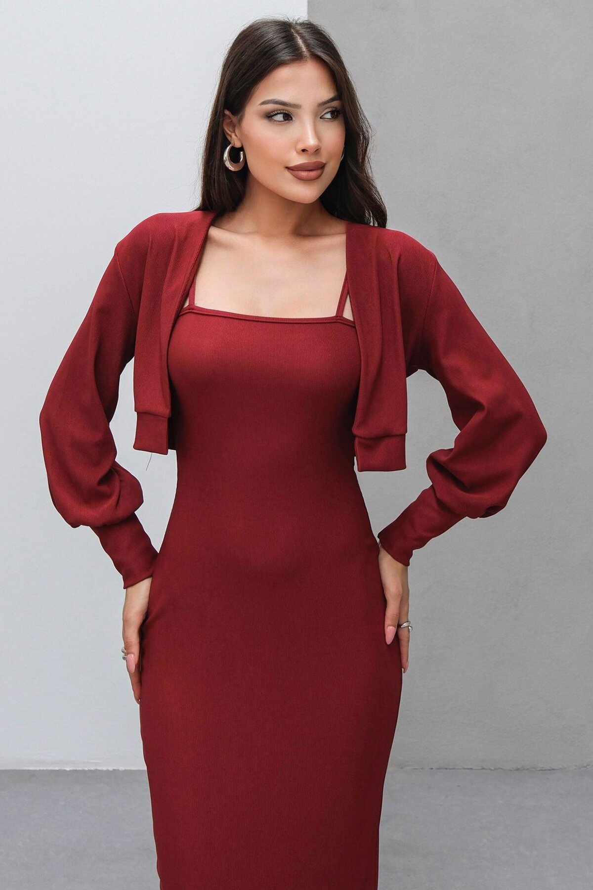 Bordo İnce Askılı Yırtmaç Detaylı Uzun Elbise Ve Hırka İkili Takım