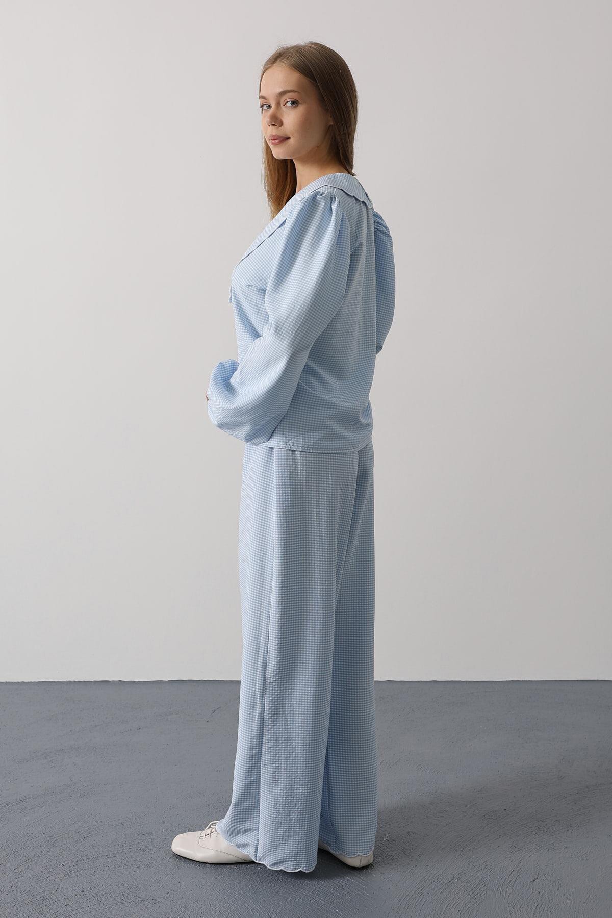 Bebe Mavisi Uzun Kol Bağlamalı Gömlek Ve Pantolon