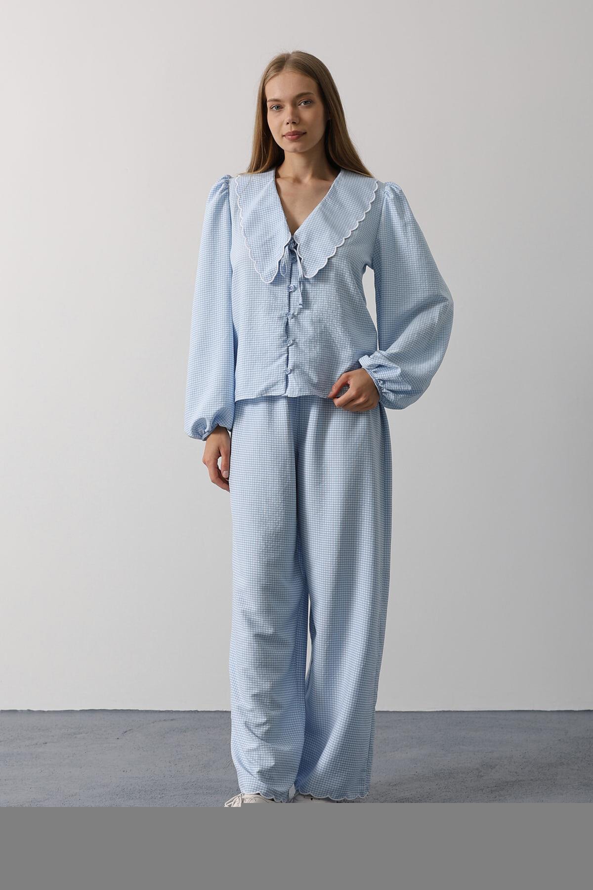 Bebe Mavisi Uzun Kol Bağlamalı Gömlek Ve Pantolon