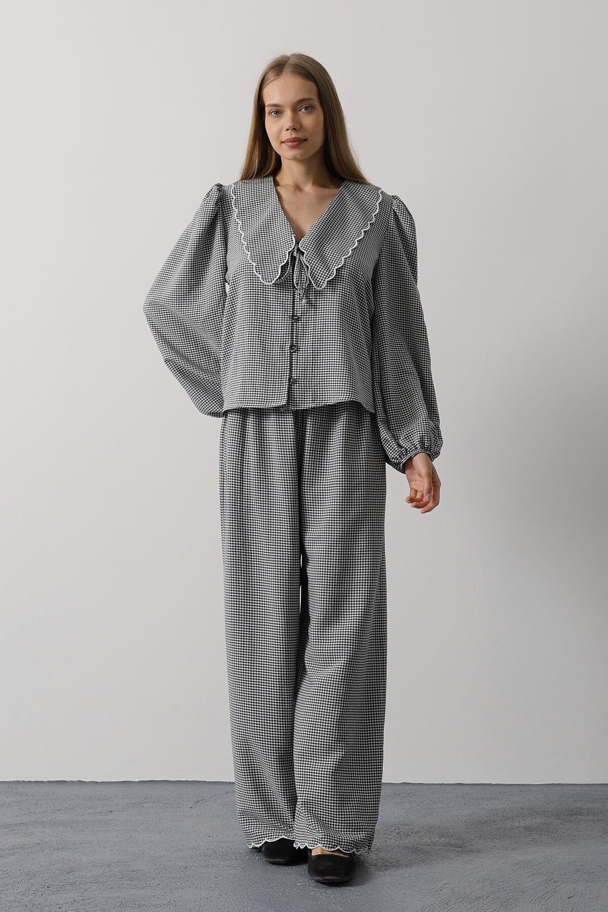 Siyah Uzun Kol Bağlamalı Gömlek Ve Pantolon