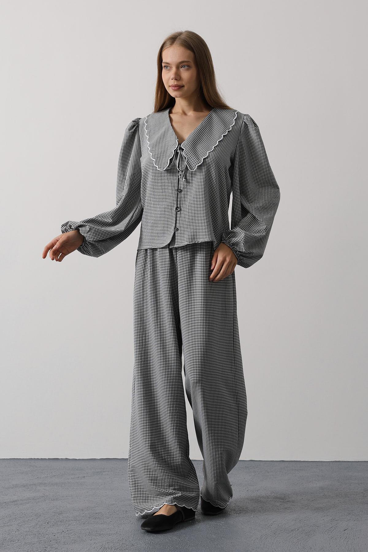 Siyah Uzun Kol Bağlamalı Gömlek Ve Pantolon