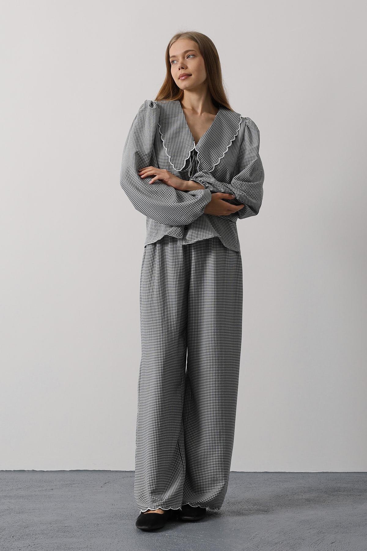 Siyah Uzun Kol Bağlamalı Gömlek Ve Pantolon