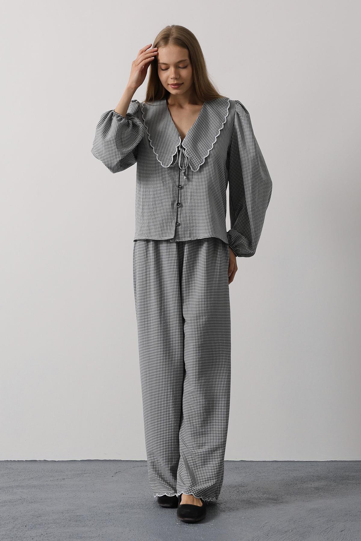 Siyah Uzun Kol Bağlamalı Gömlek Ve Pantolon