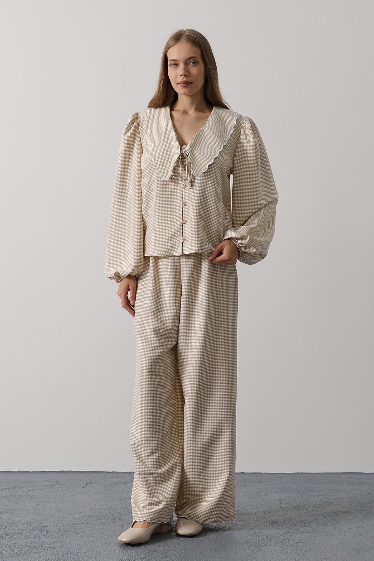 Taş Uzun Kol Bağlamalı Gömlek Ve Pantolon