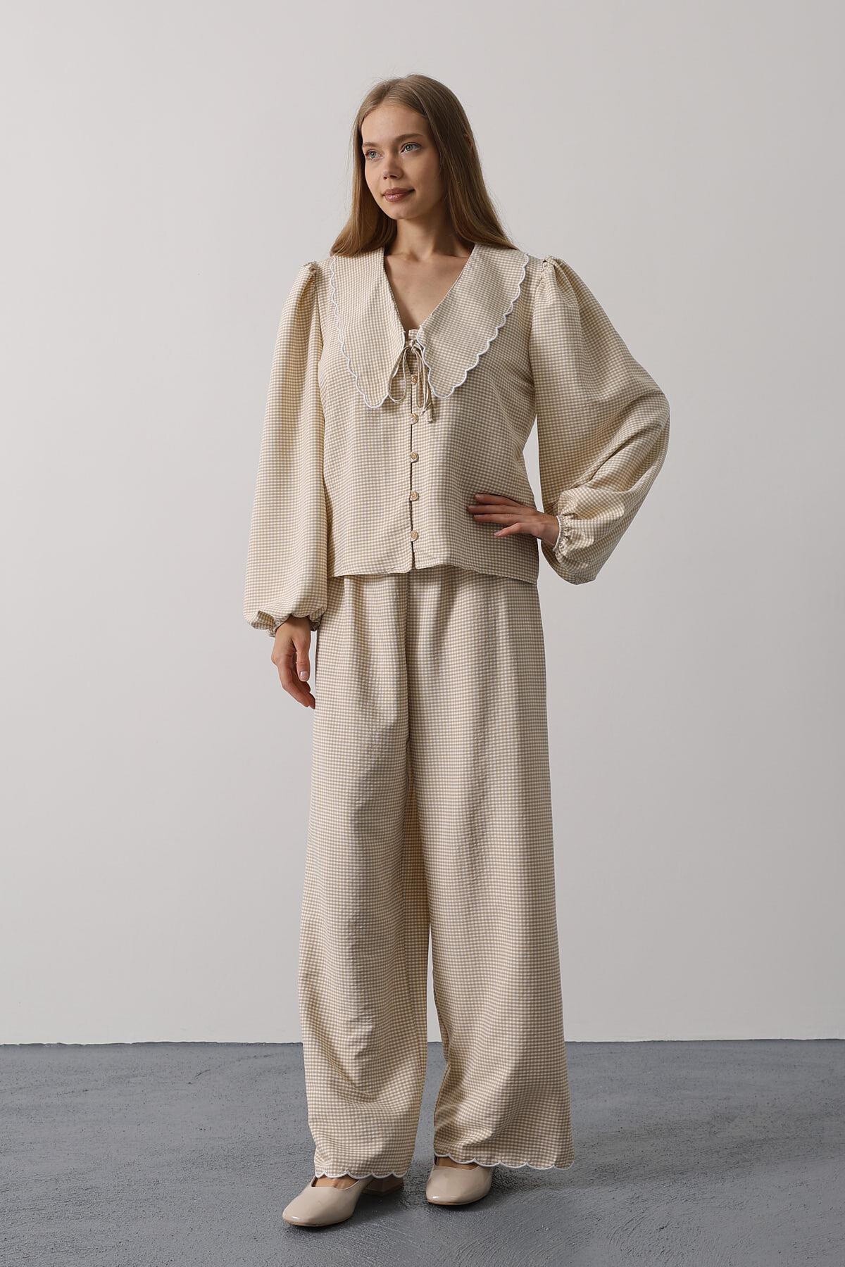 Taş Uzun Kol Bağlamalı Gömlek Ve Pantolon