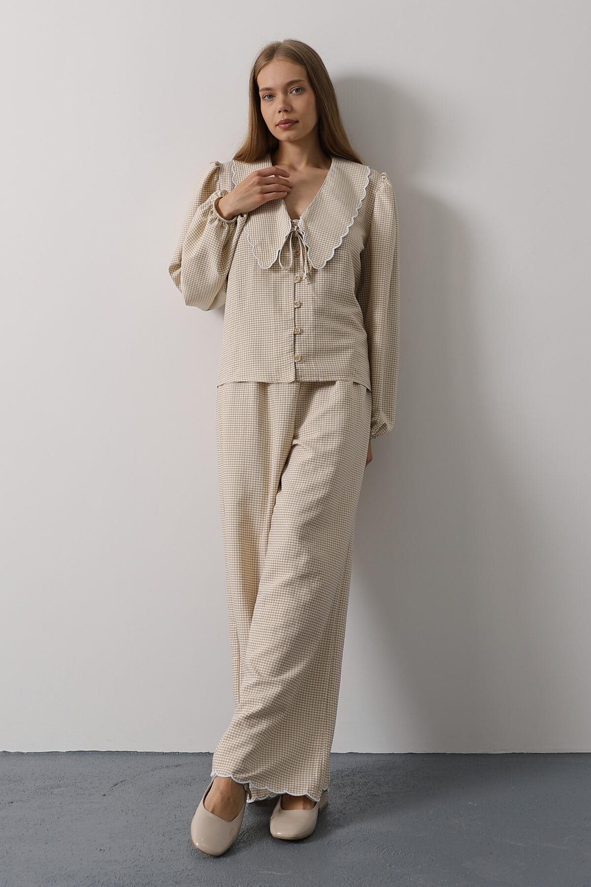 Taş Uzun Kol Bağlamalı Gömlek Ve Pantolon