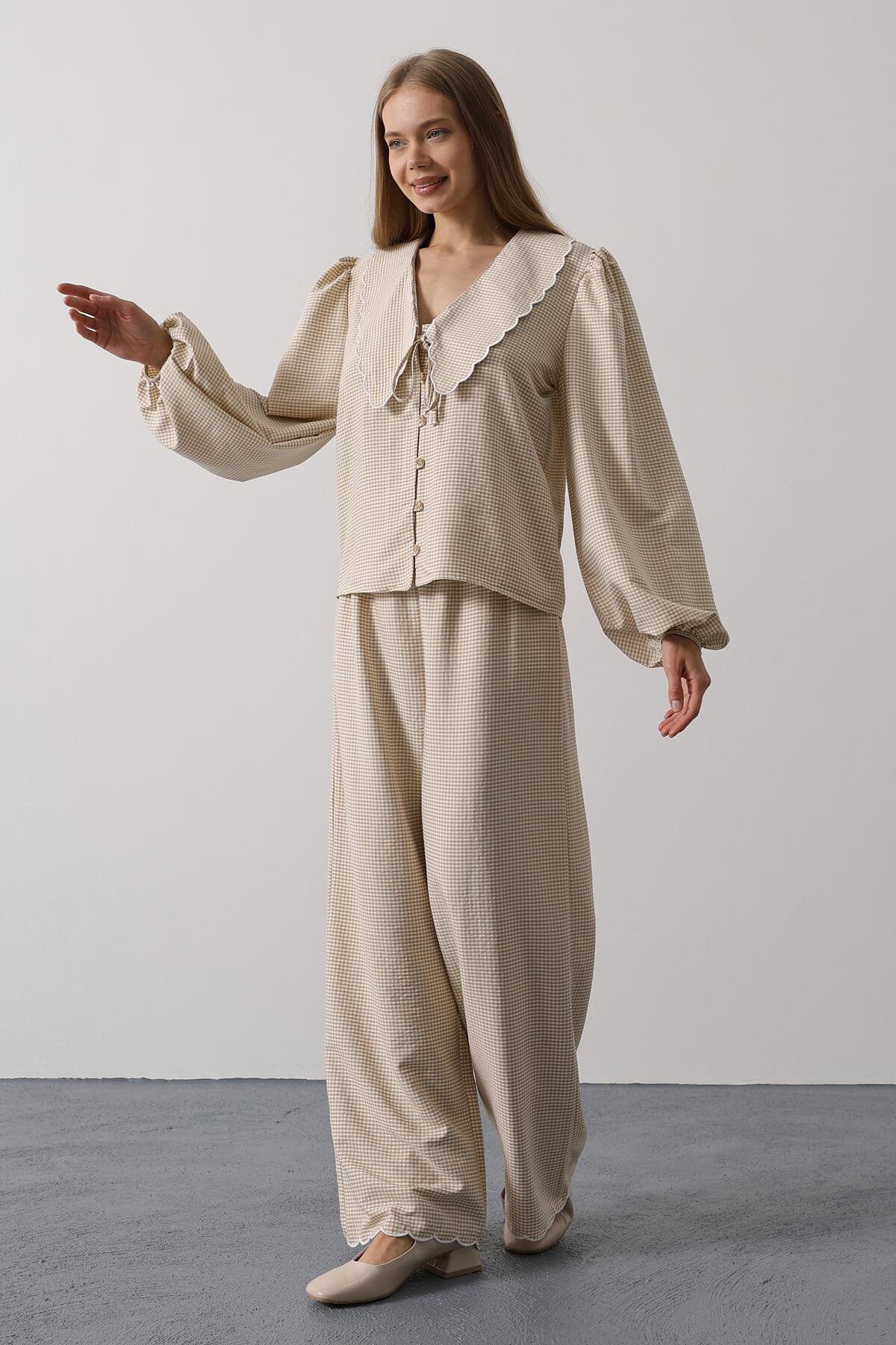 Taş Uzun Kol Bağlamalı Gömlek Ve Pantolon