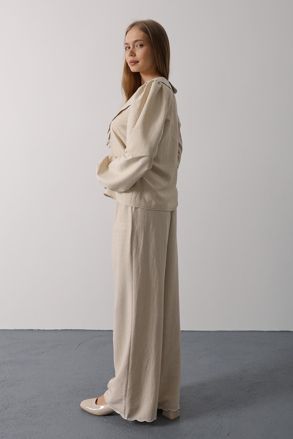 Taş Uzun Kol Bağlamalı Gömlek Ve Pantolon