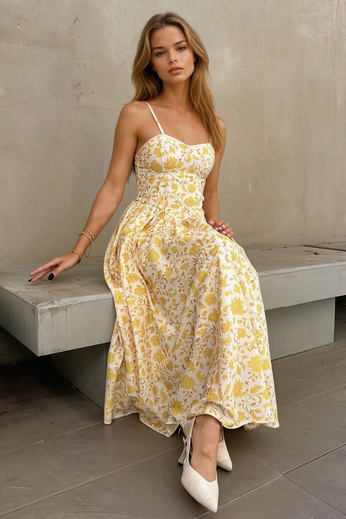 Sarı Kalp Yaka Çiçek Desenli İnce Askılı Kloş Elbise