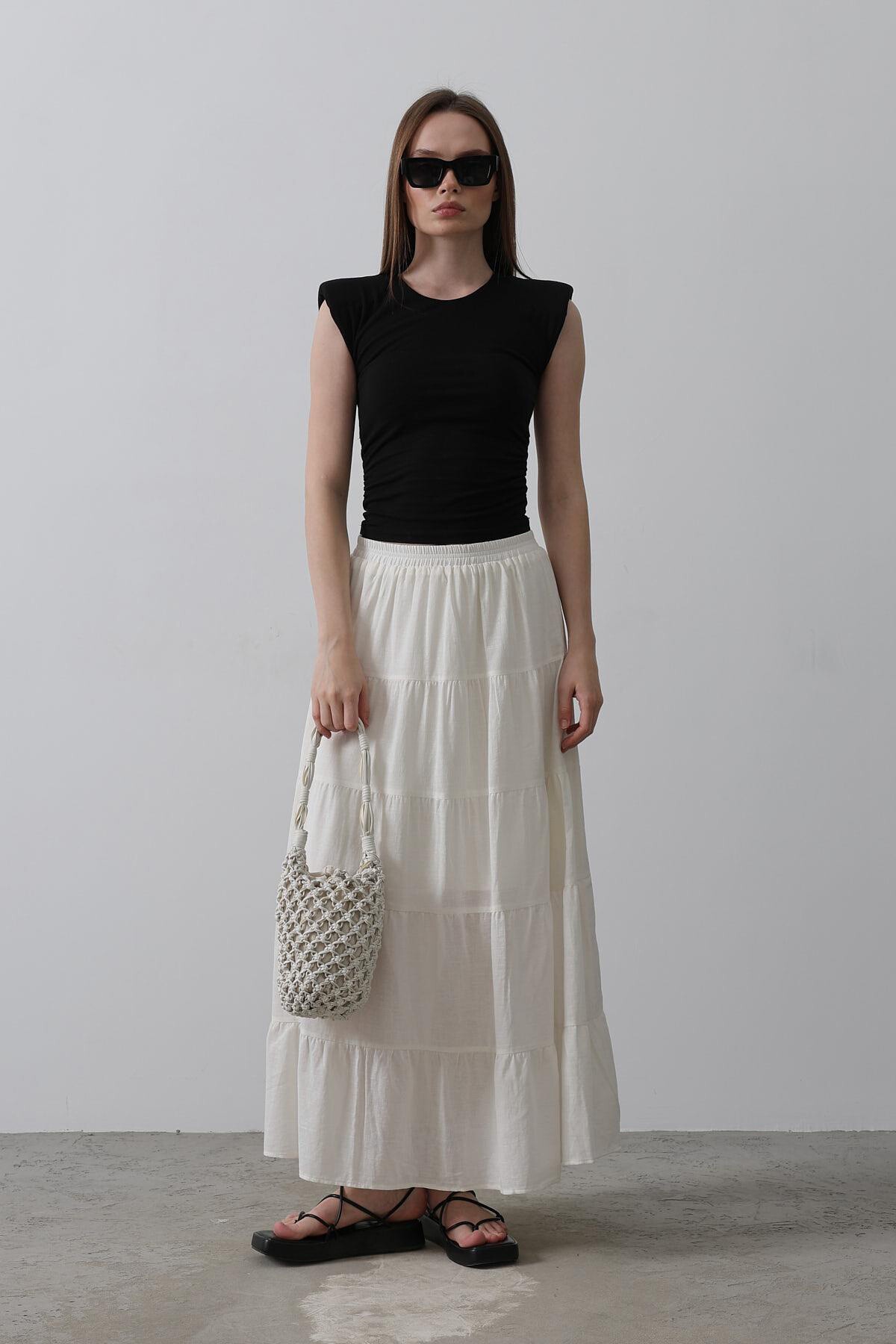 Beyaz Astarlı Beli Lastikli Kat Kat Pileli Keten Etek