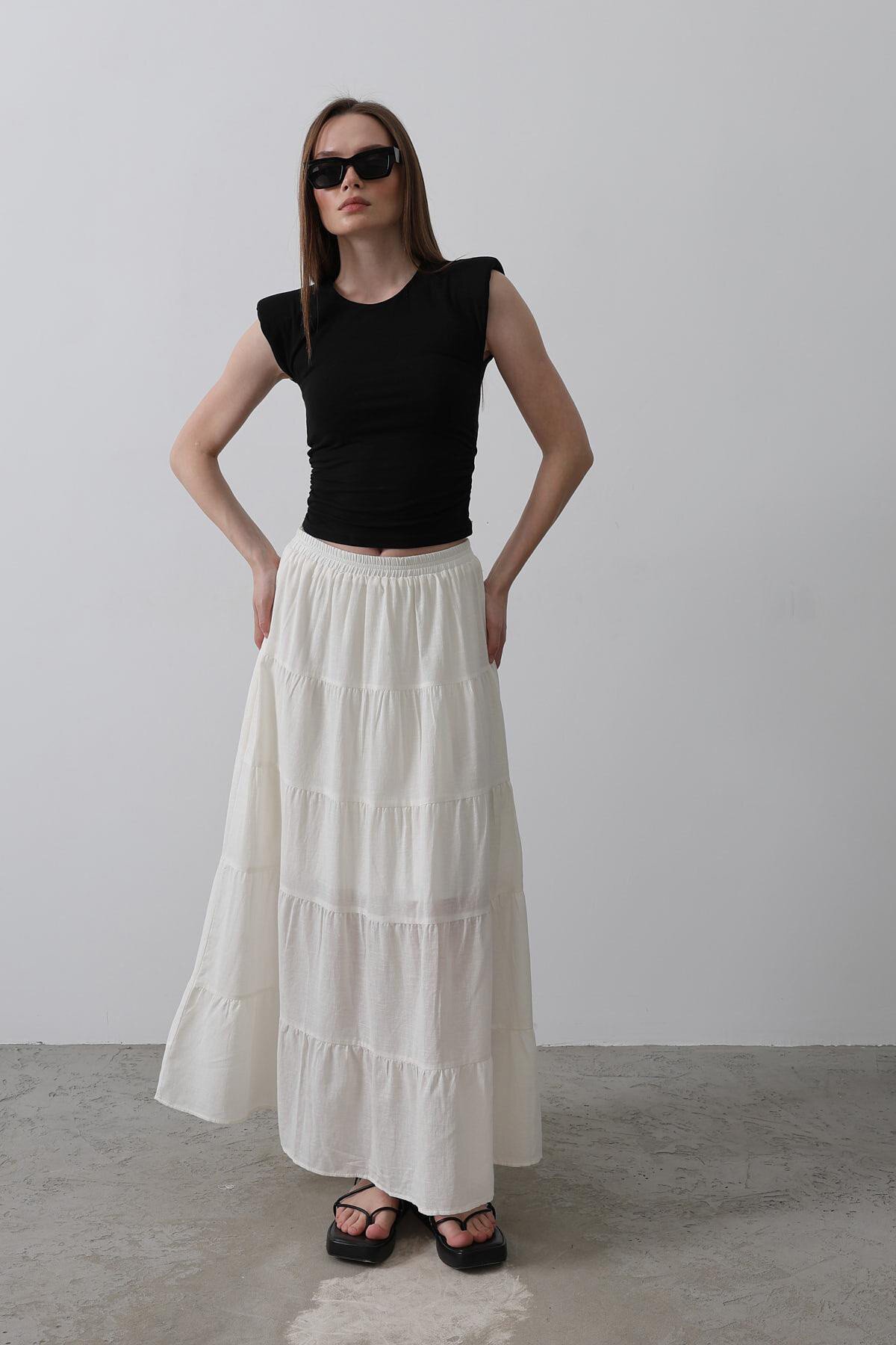 Beyaz Astarlı Beli Lastikli Kat Kat Pileli Keten Etek