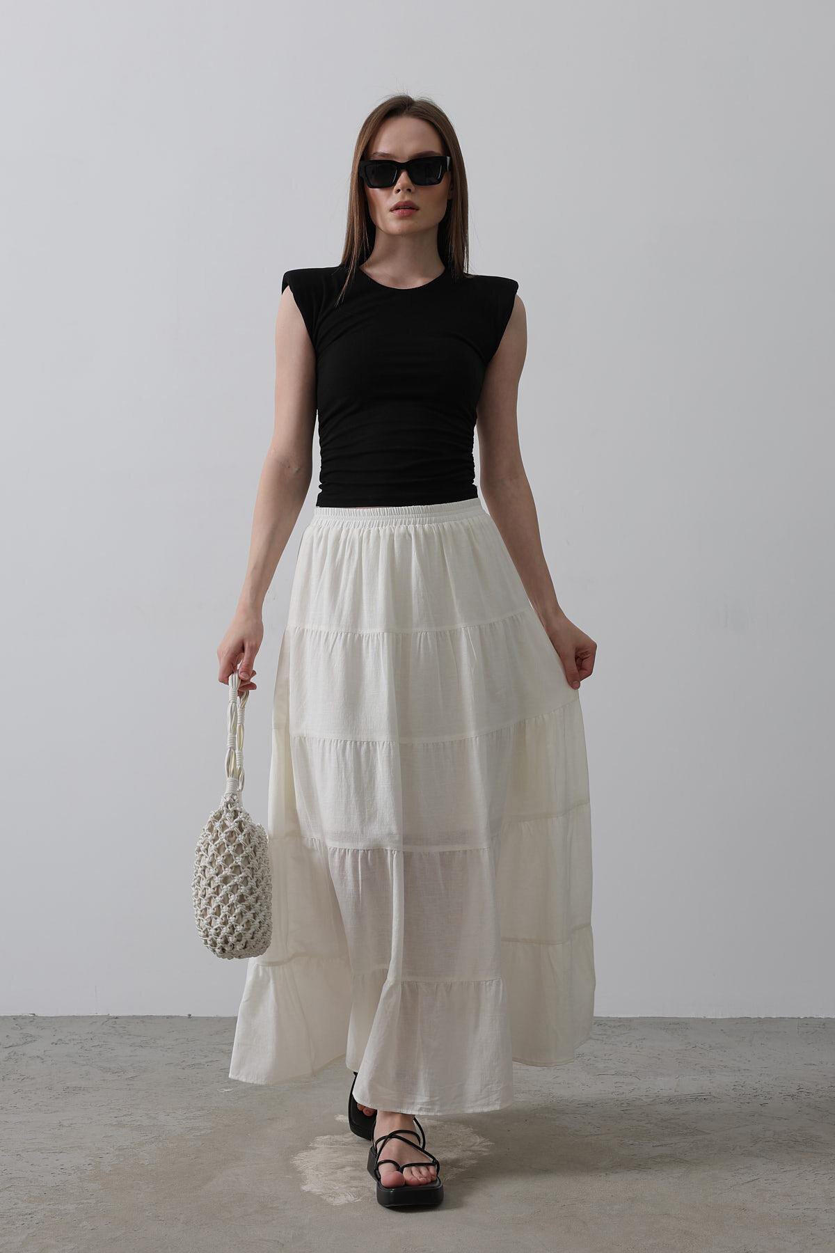 Beyaz Astarlı Beli Lastikli Kat Kat Pileli Keten Etek