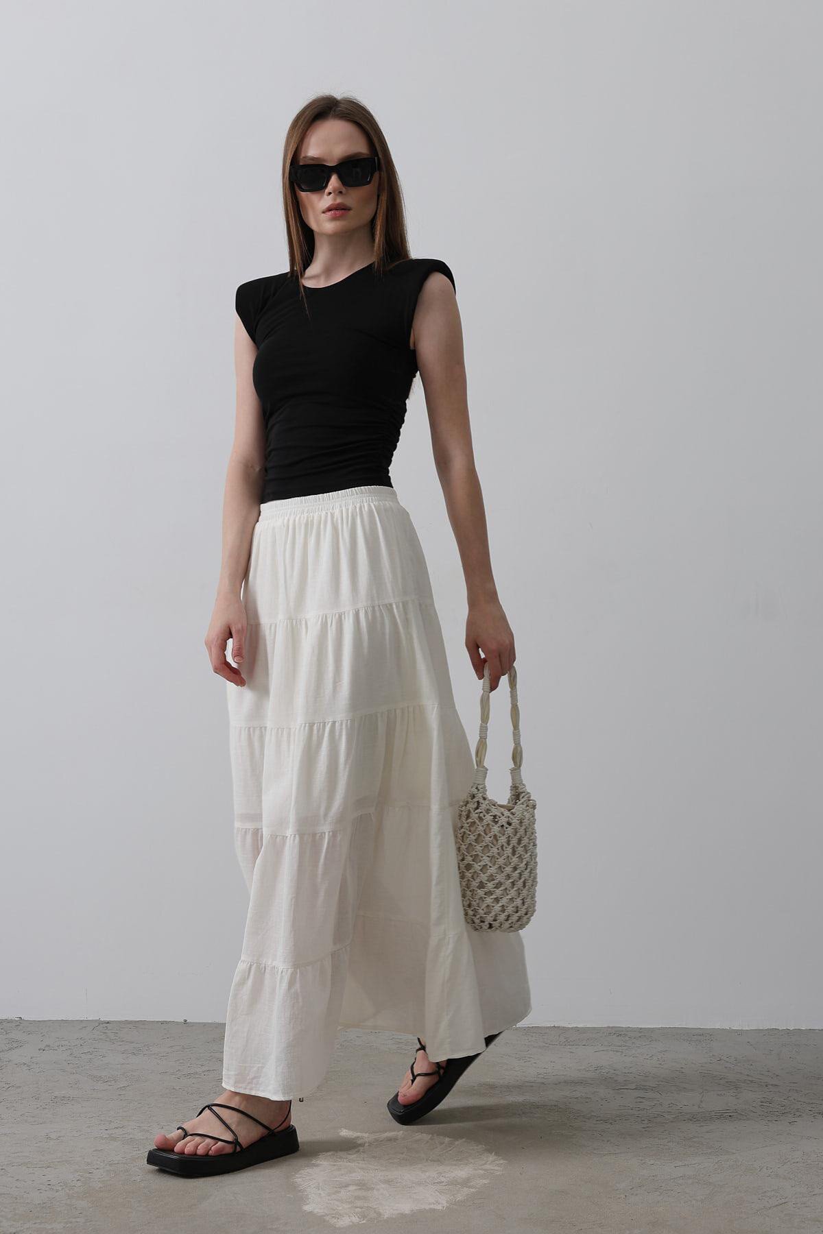 Beyaz Astarlı Beli Lastikli Kat Kat Pileli Keten Etek