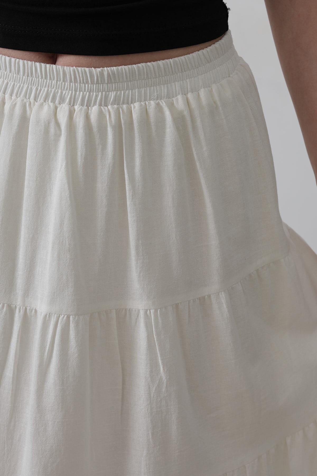 Beyaz Astarlı Beli Lastikli Kat Kat Pileli Keten Etek