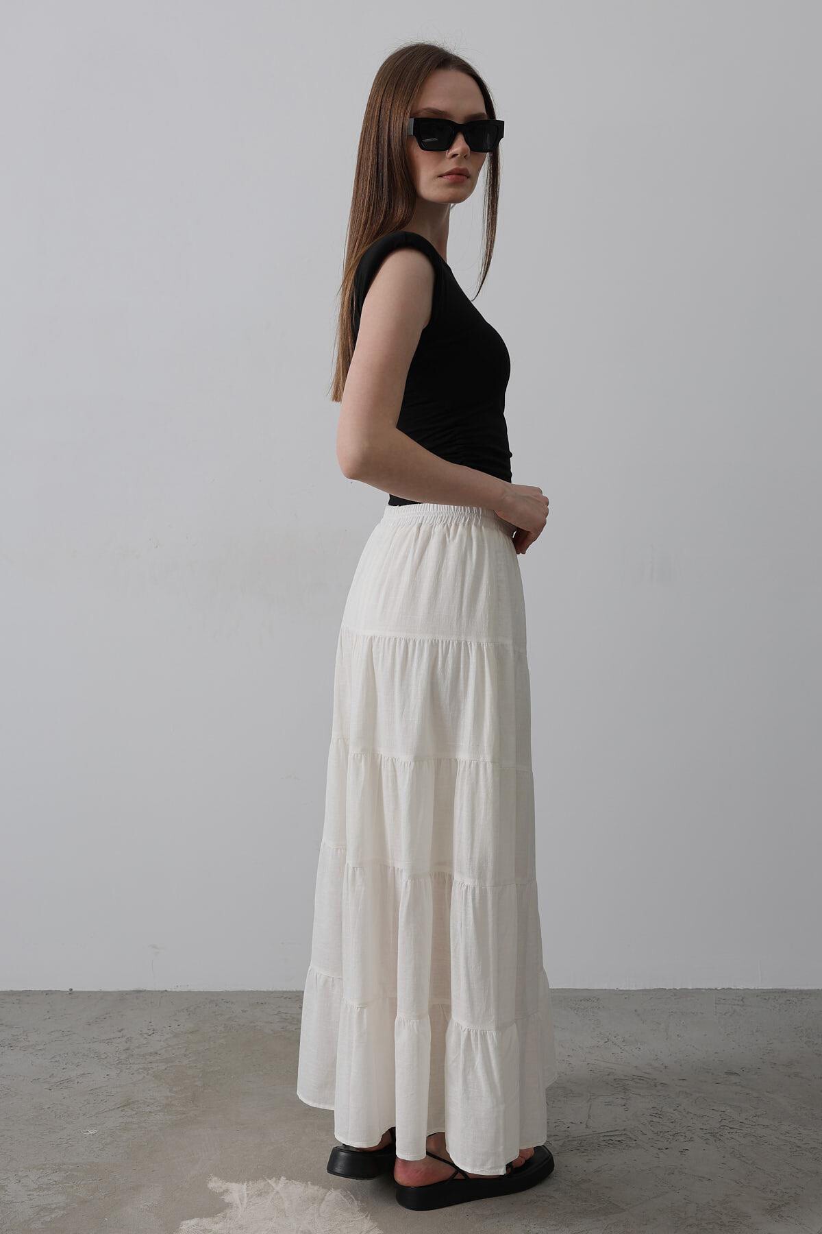 Beyaz Astarlı Beli Lastikli Kat Kat Pileli Keten Etek