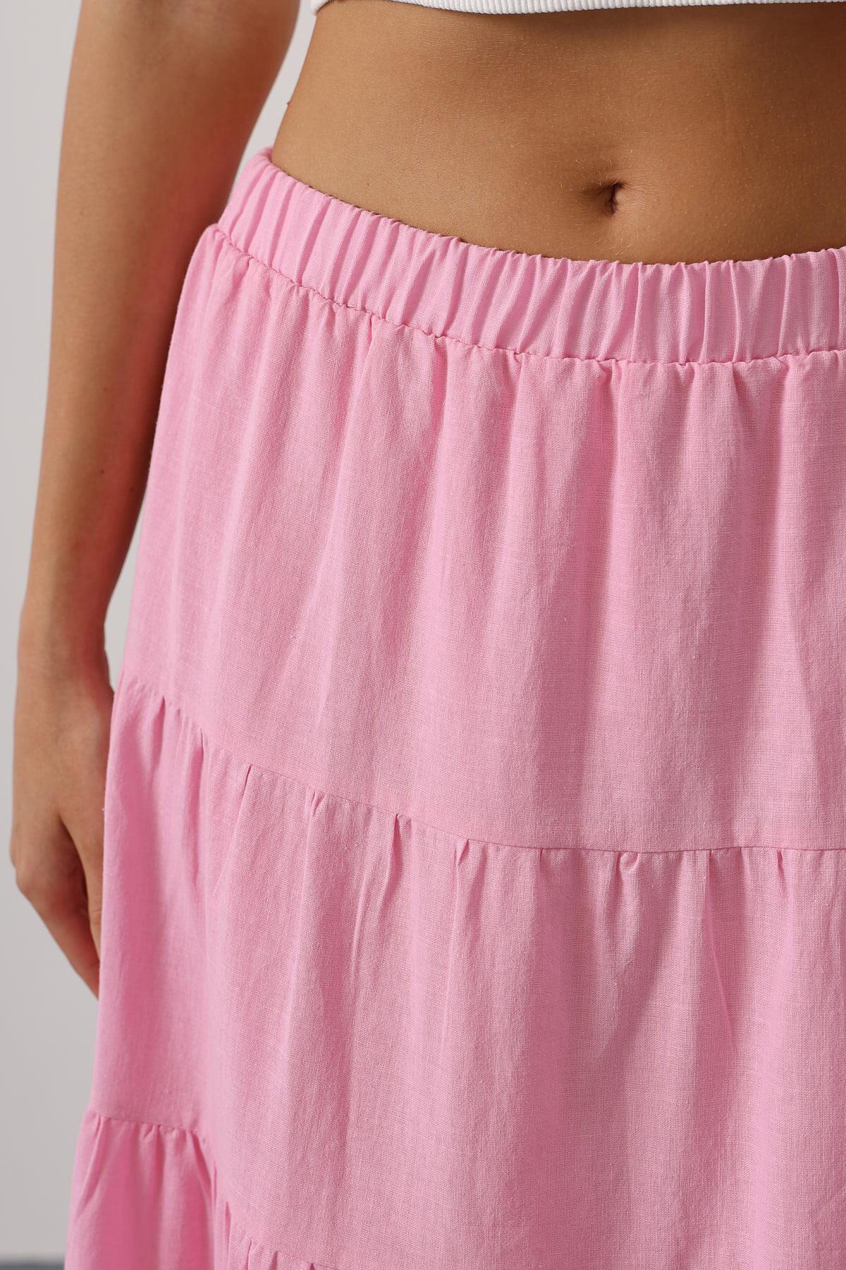 Şeker Pembe Astarlı Beli Lastikli Kat Kat Pileli Keten Etek