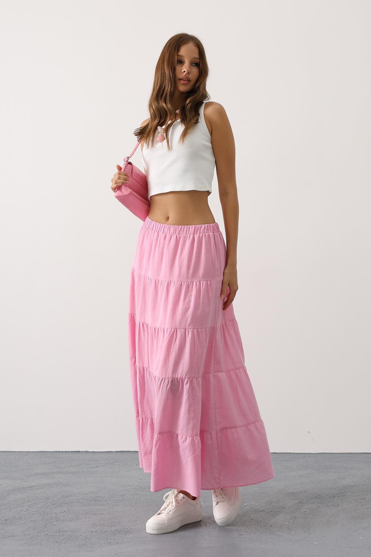 Şeker Pembe Astarlı Beli Lastikli Kat Kat Pileli Keten Etek