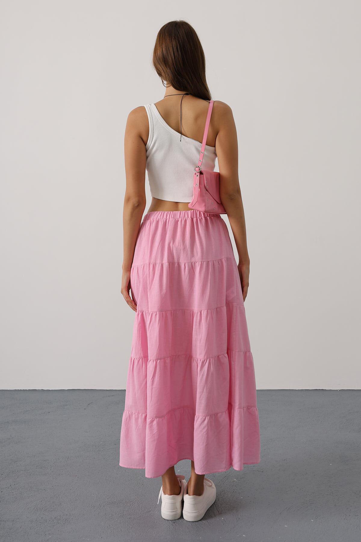 Şeker Pembe Astarlı Beli Lastikli Kat Kat Pileli Keten Etek