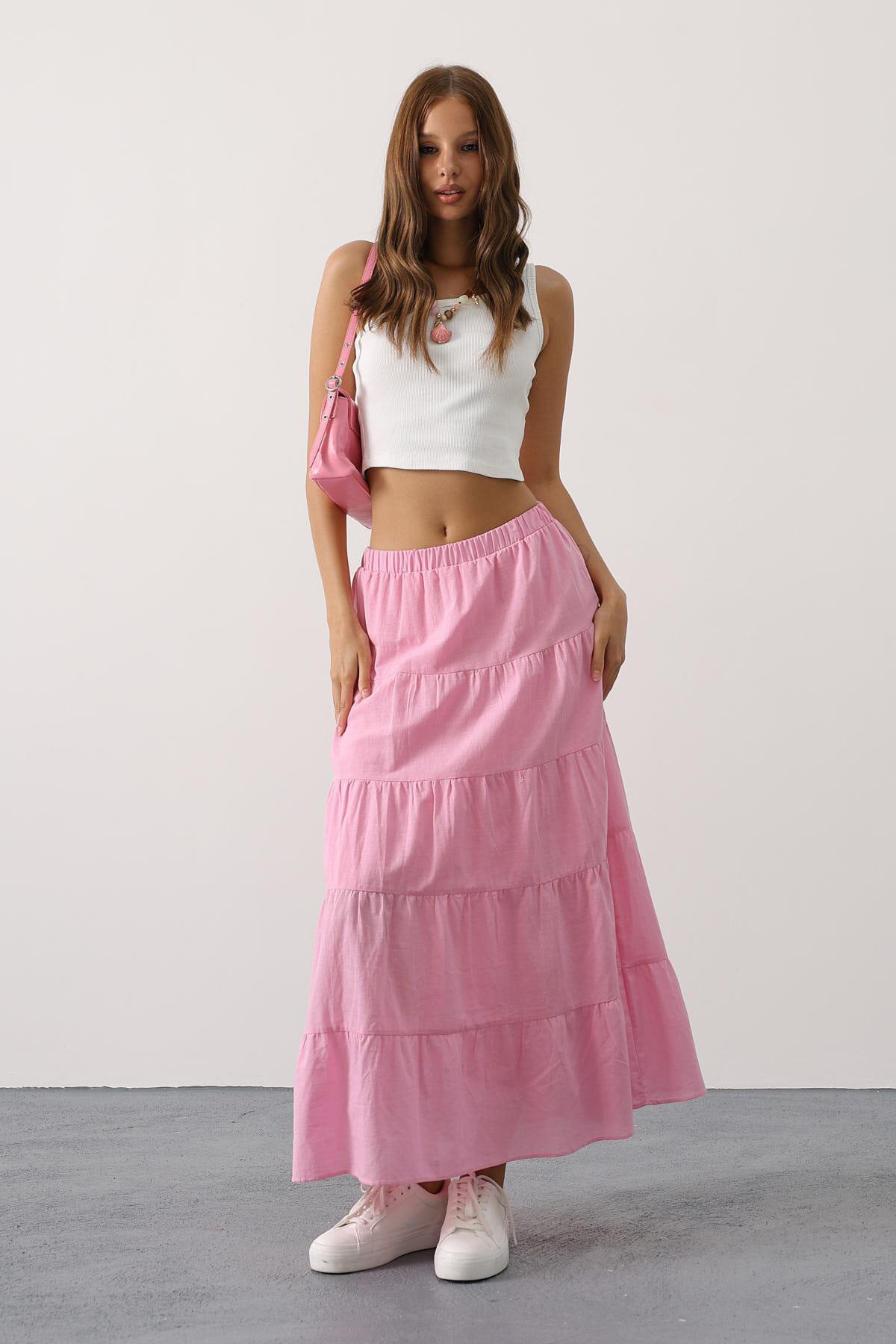 Şeker Pembe Astarlı Beli Lastikli Kat Kat Pileli Keten Etek