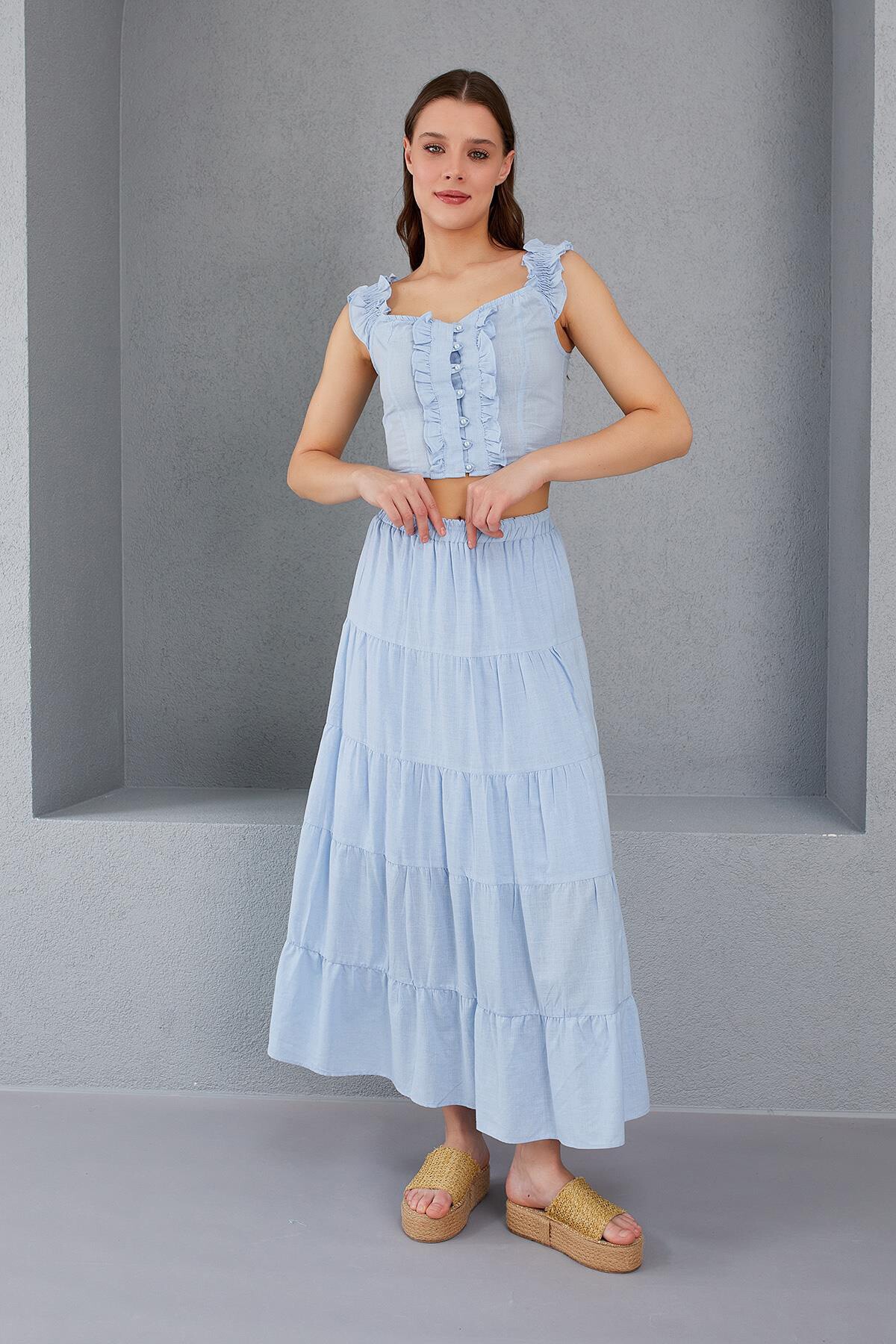 Bebe Mavisi Beli Lastikli Fırfırlı Midi Boy Keten Etek