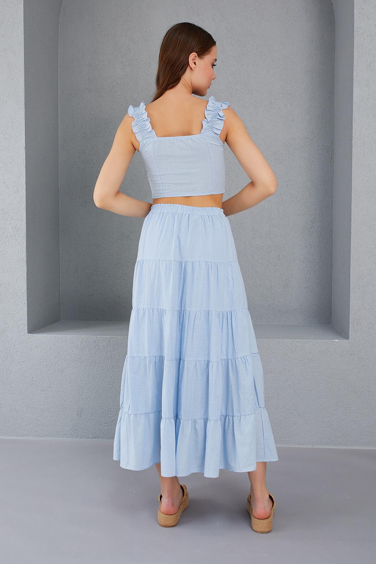 Bebe Mavisi Beli Lastikli Fırfırlı Midi Boy Keten Etek