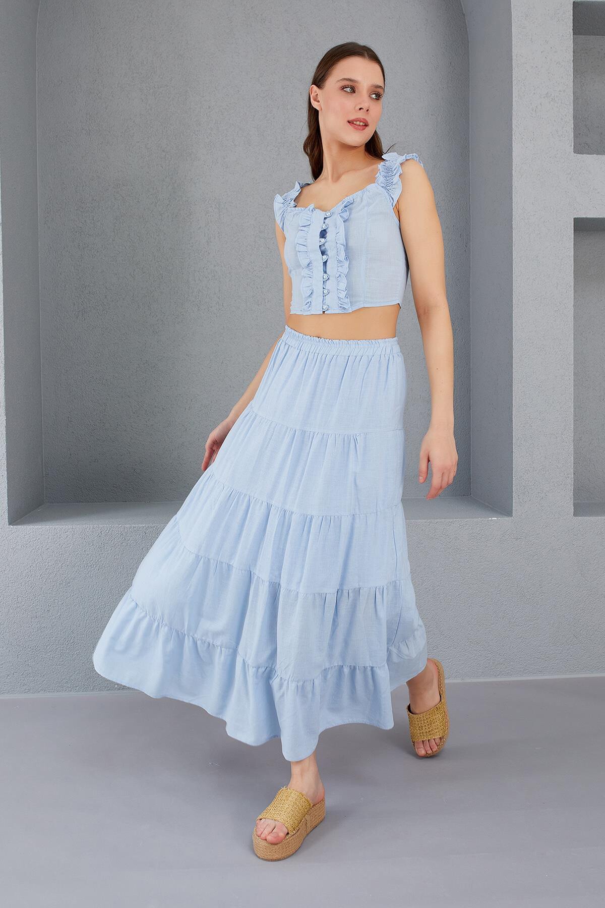 Bebe Mavisi Beli Lastikli Fırfırlı Midi Boy Keten Etek