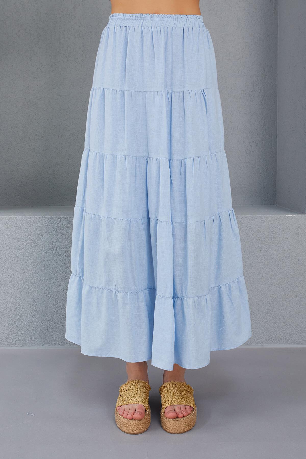 Bebe Mavisi Beli Lastikli Fırfırlı Midi Boy Keten Etek