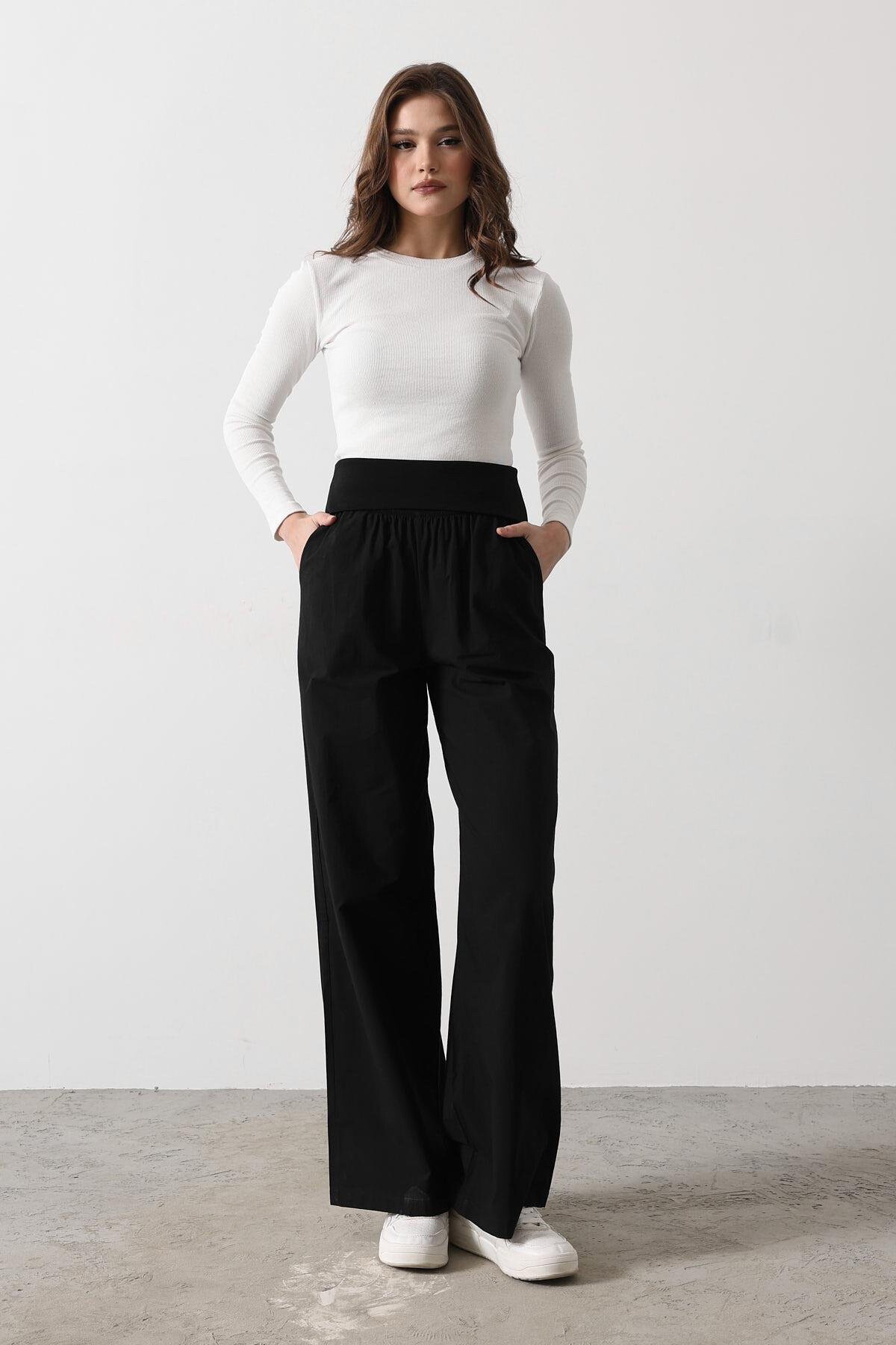 Siyah Çift Cepli Katlanabilir Bel Palazzo Pantolon