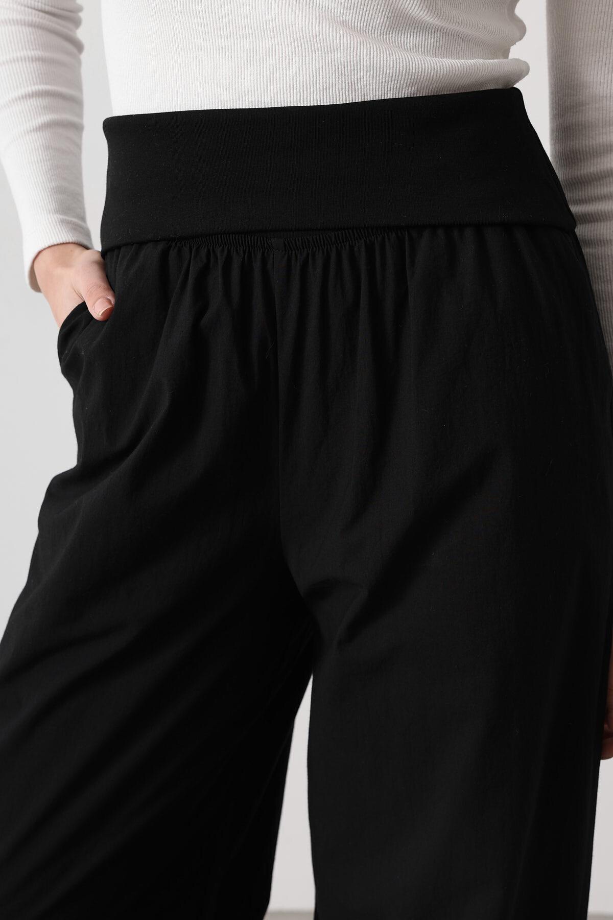 Siyah Çift Cepli Katlanabilir Bel Palazzo Pantolon