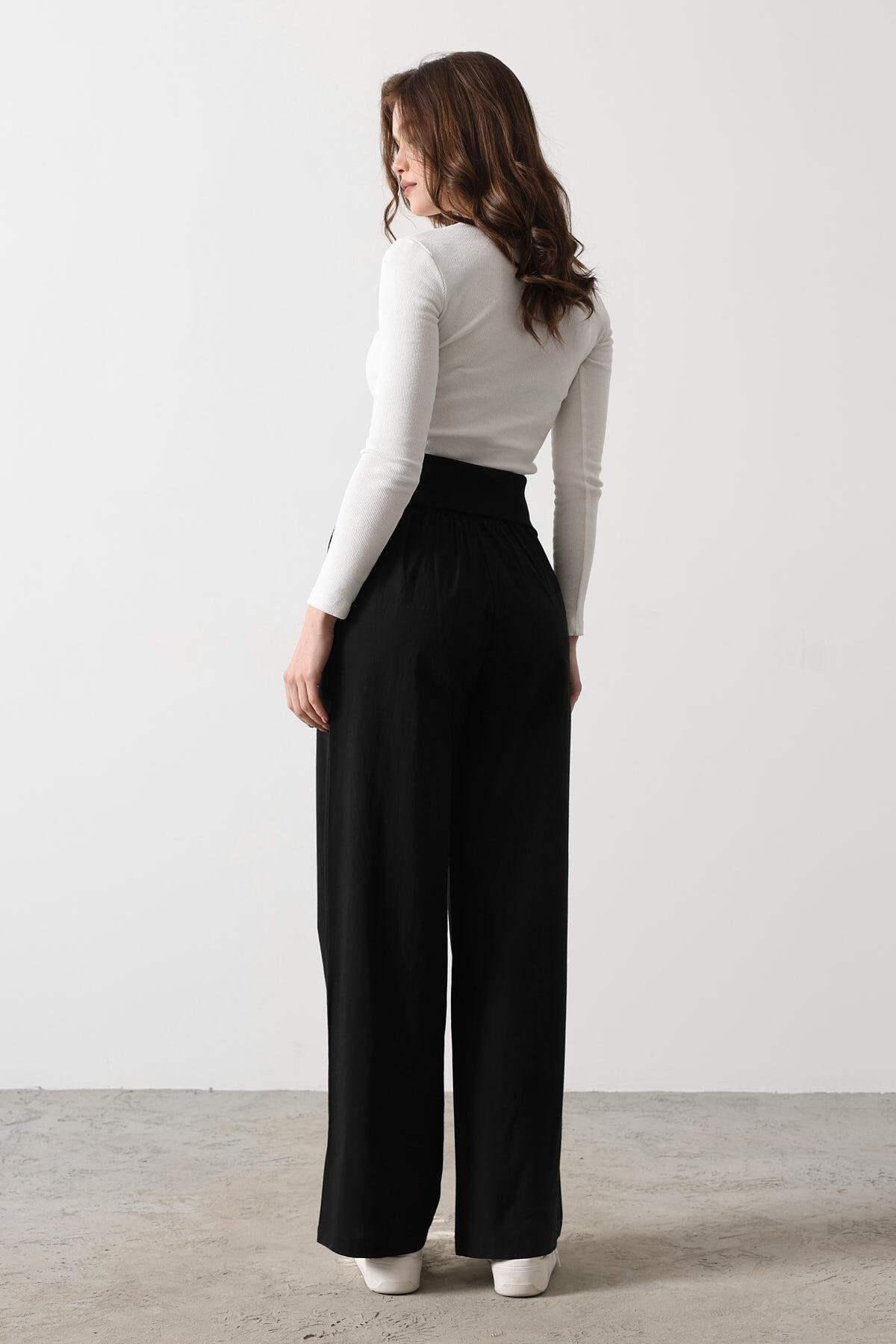 Siyah Çift Cepli Katlanabilir Bel Palazzo Pantolon