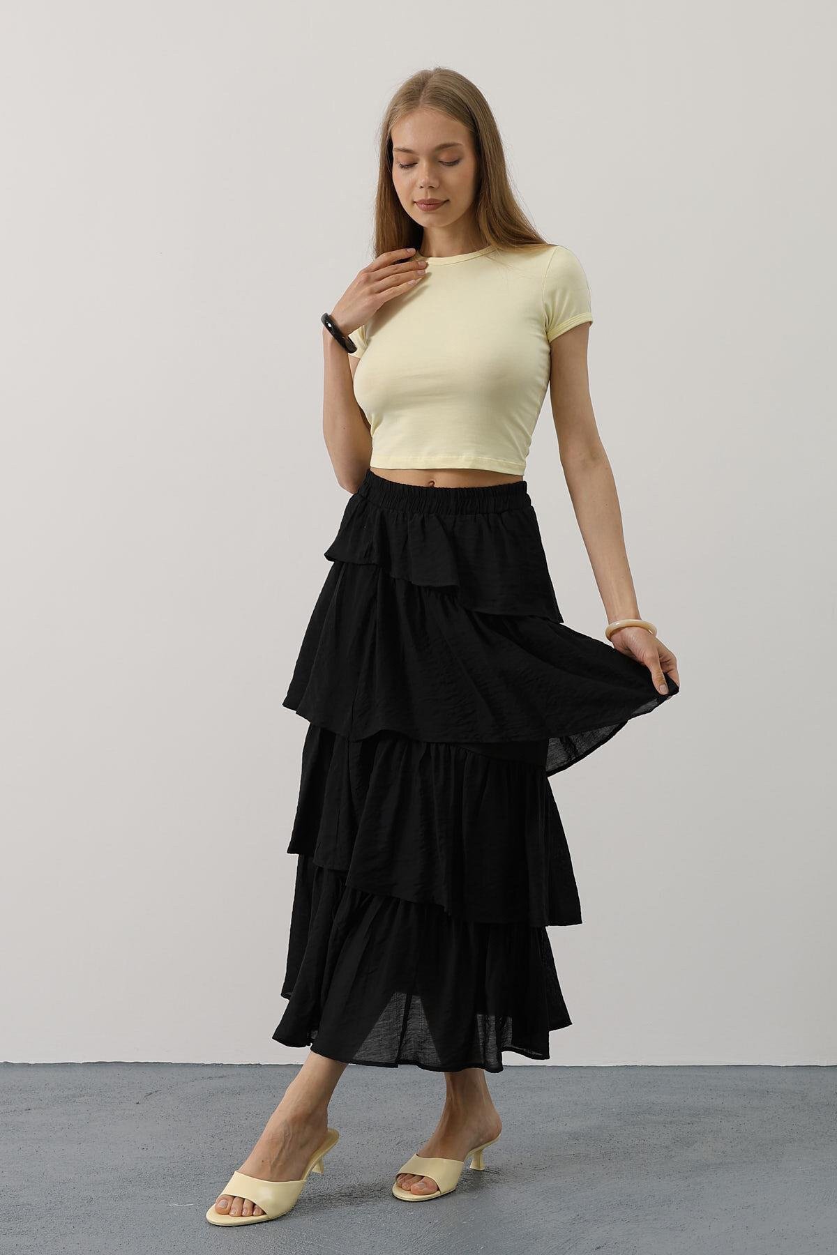 Siyah Beli Lastikli Katlı Kesim Uzun Etek