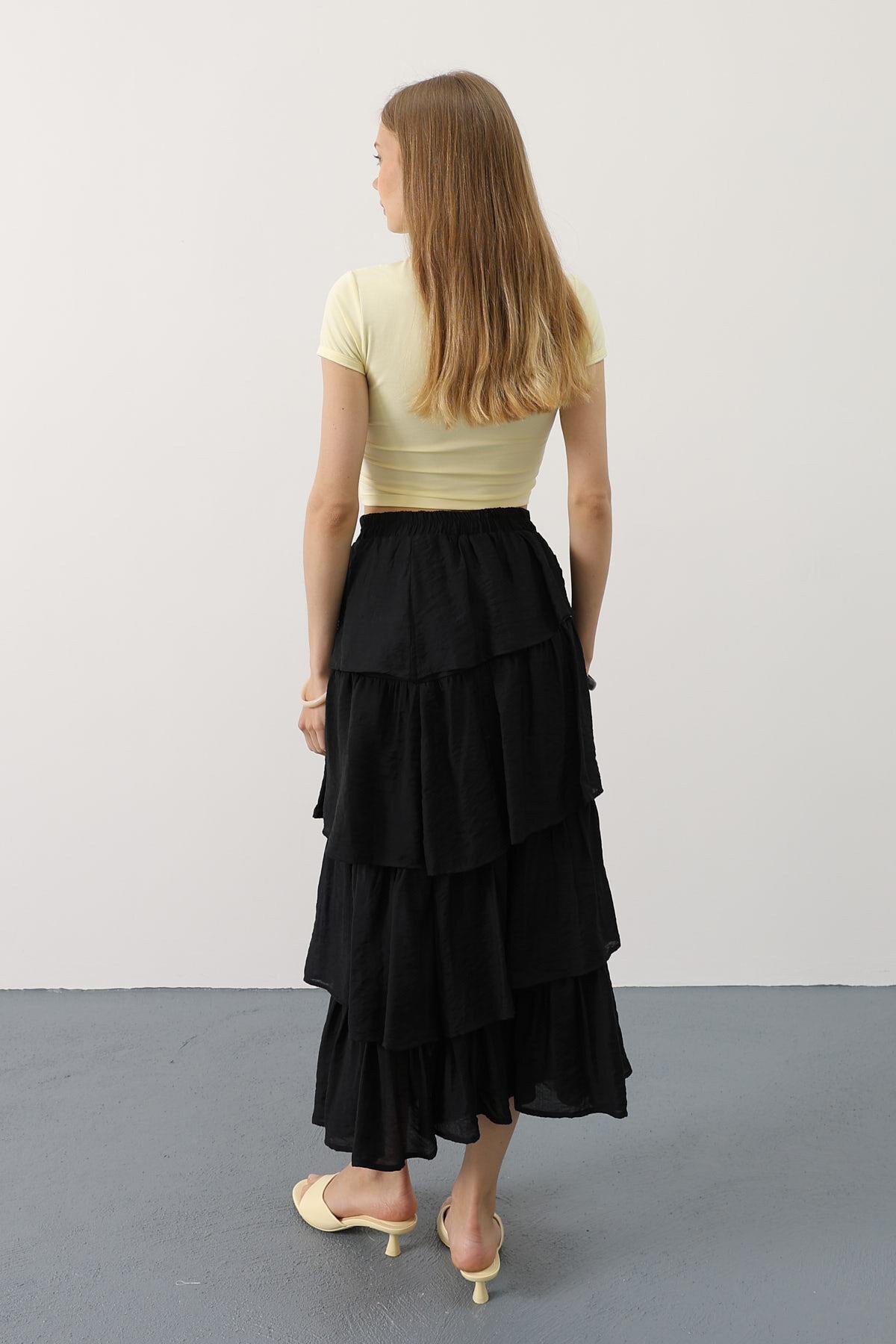 Siyah Beli Lastikli Katlı Kesim Uzun Etek