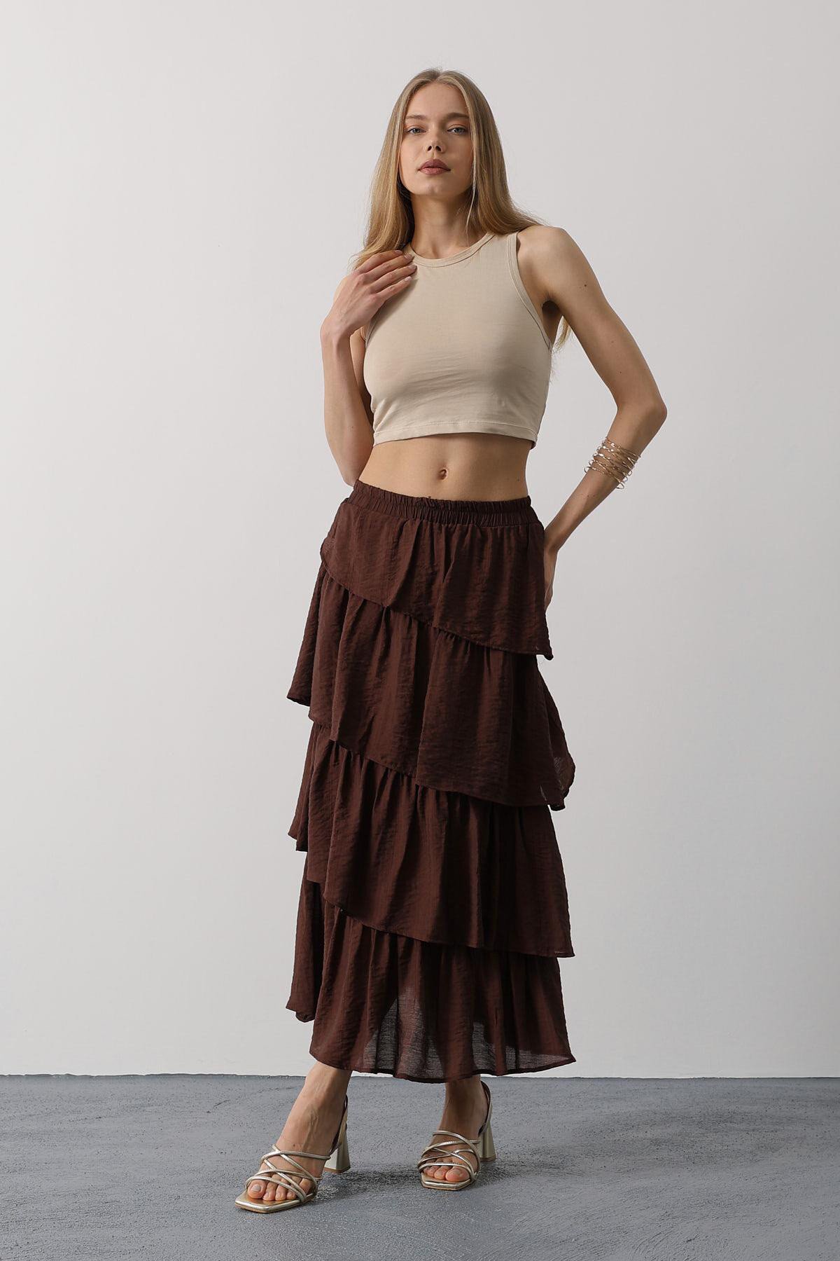 Kahve Beli Lastikli Katlı Kesim Uzun Etek