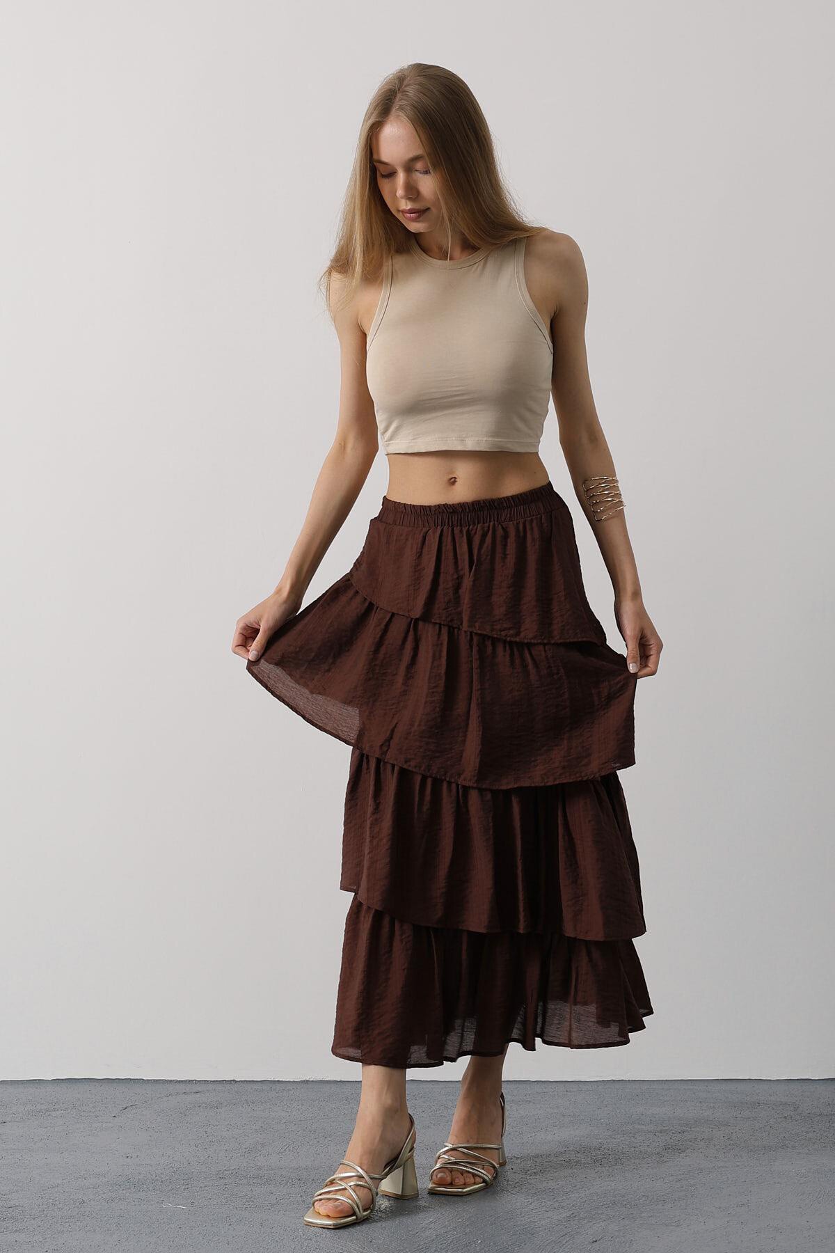 Kahve Beli Lastikli Katlı Kesim Uzun Etek