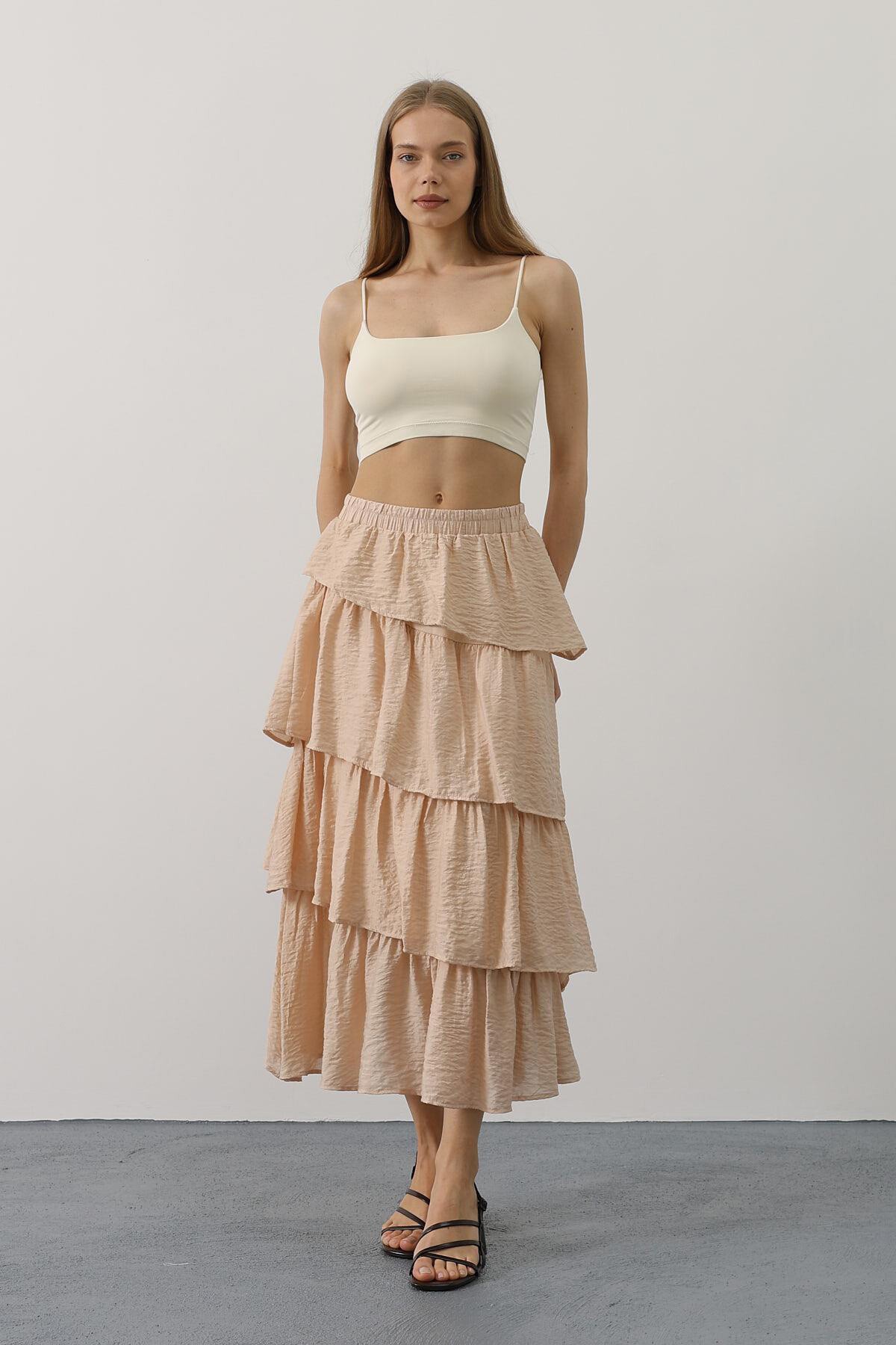 Taş Beli Lastikli Katlı Kesim Uzun Etek