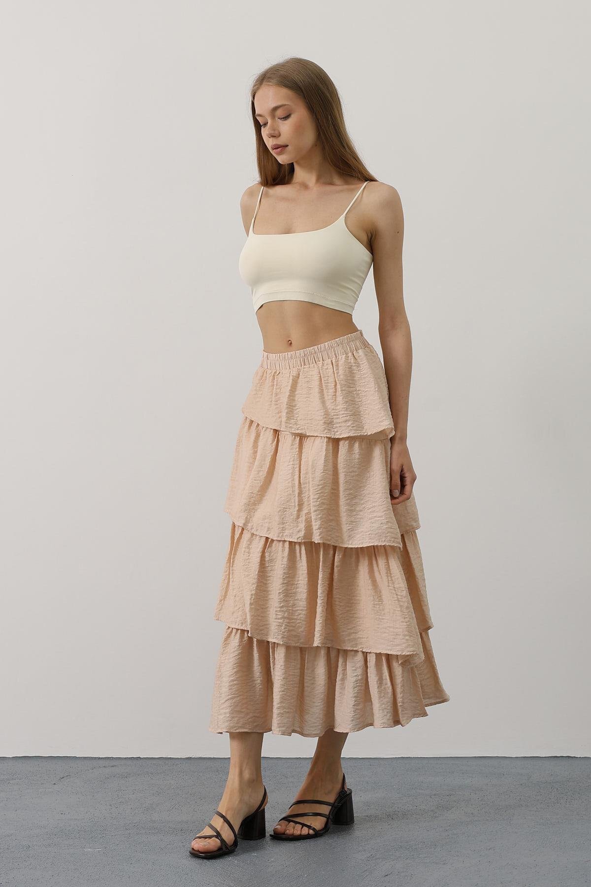 Taş Beli Lastikli Katlı Kesim Uzun Etek