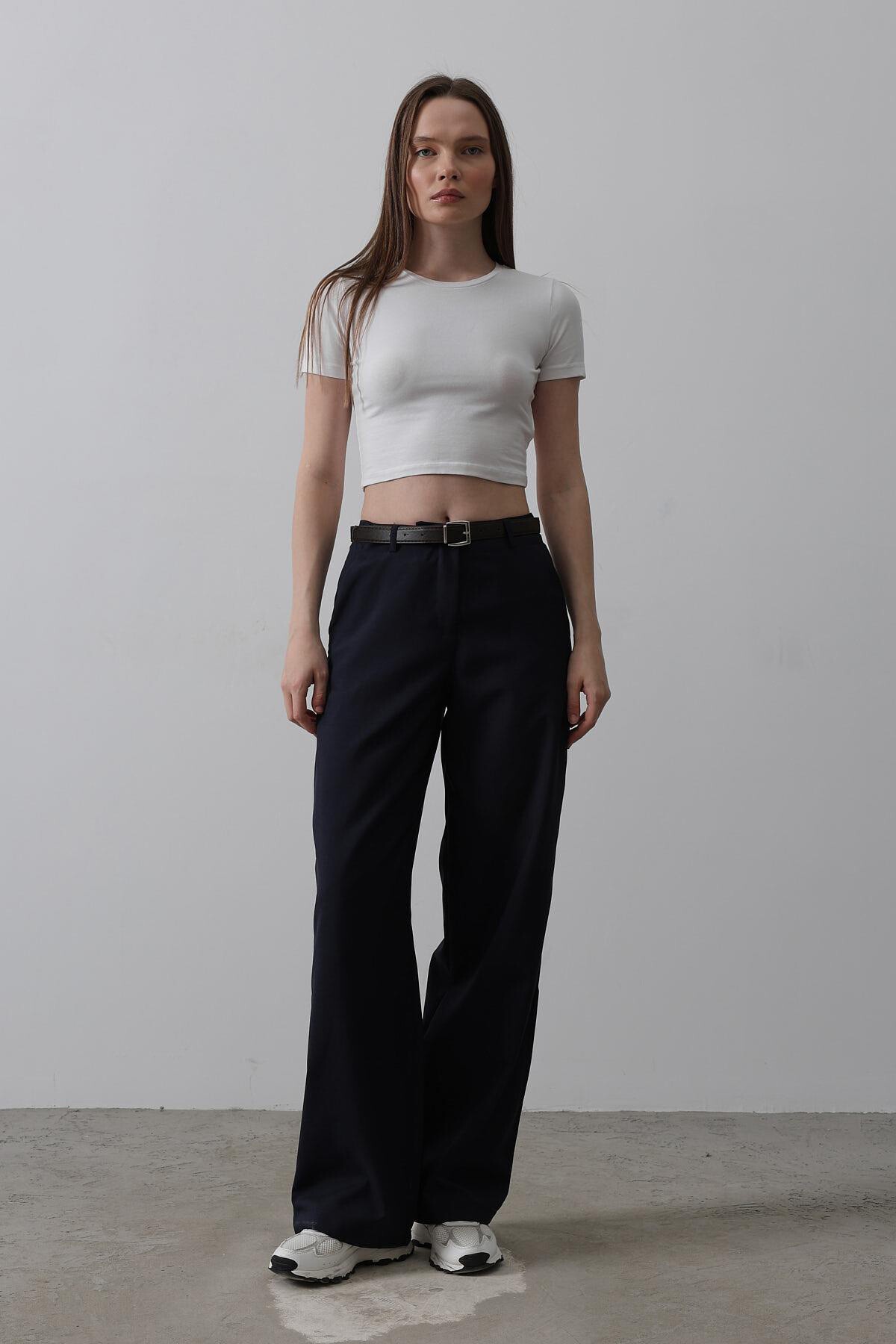 Lacivert Çift Cepli Kemerli Palazzo Pantolon