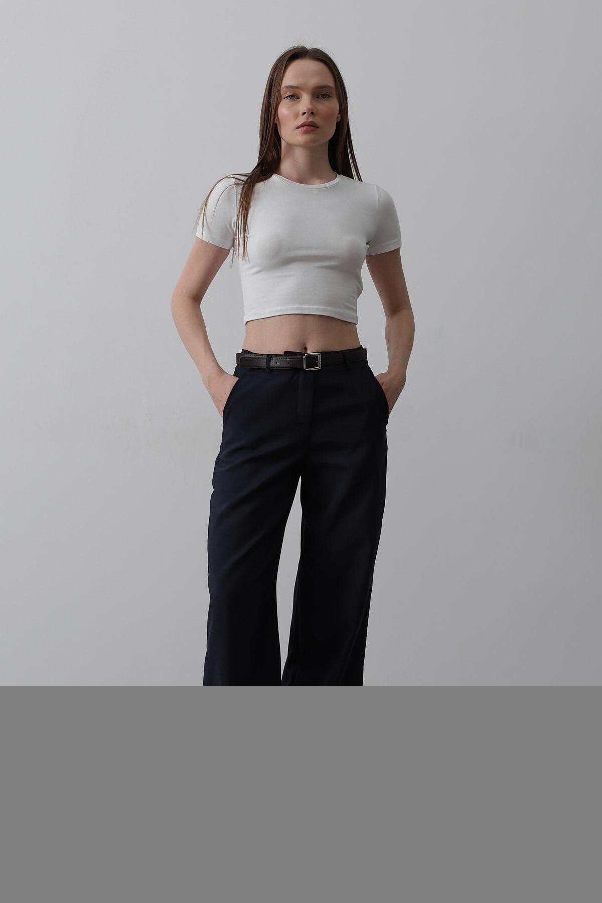 Lacivert Çift Cepli Kemerli Palazzo Pantolon