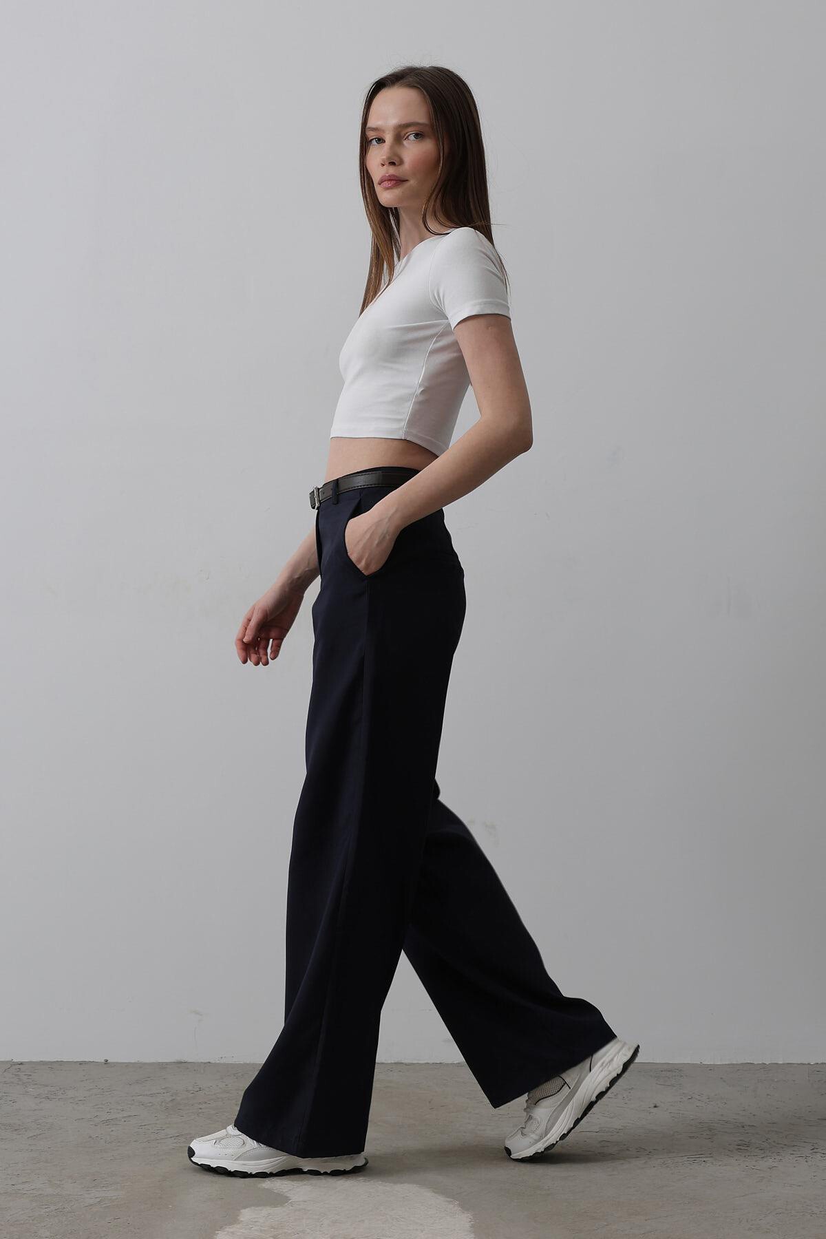 Lacivert Çift Cepli Kemerli Palazzo Pantolon