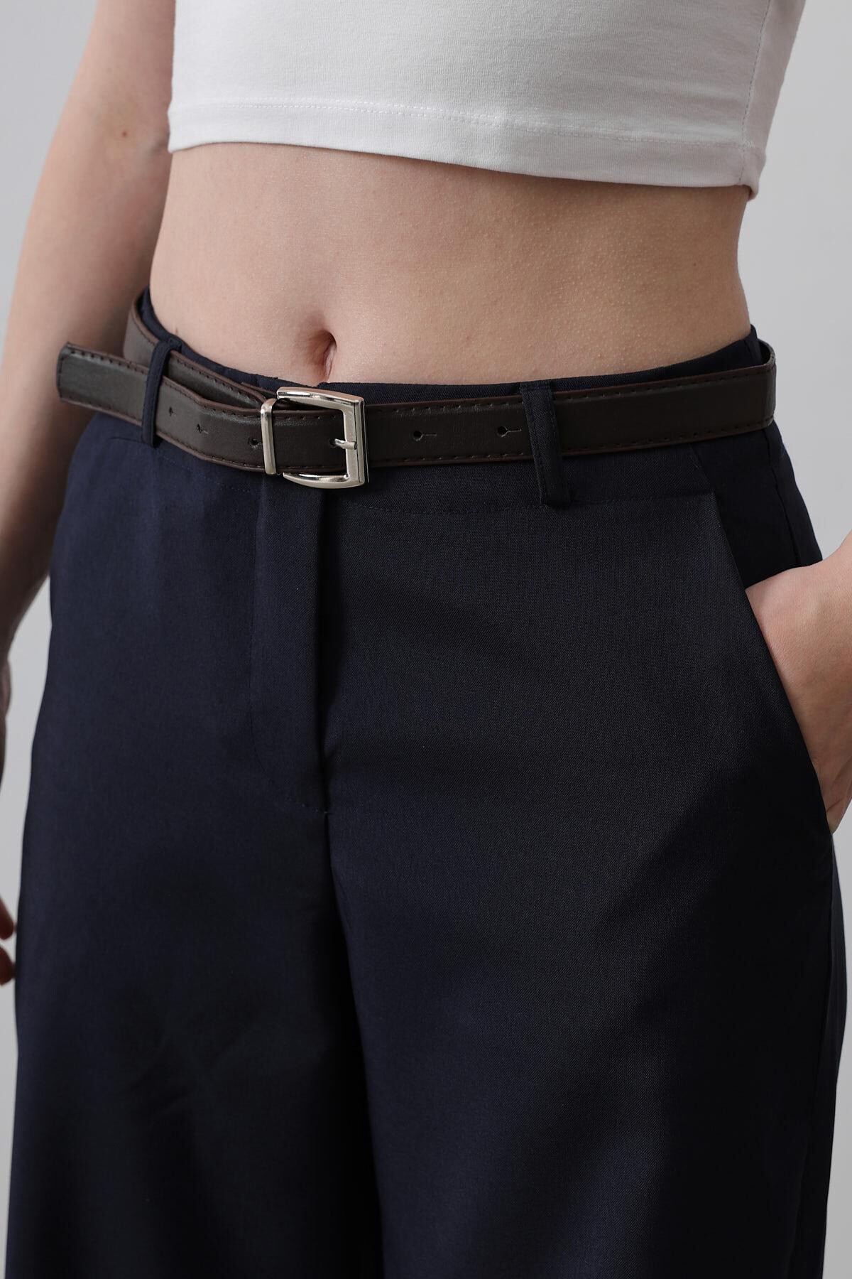 Lacivert Çift Cepli Kemerli Palazzo Pantolon